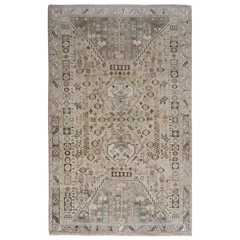 Beige Washed Out Vintage and Worn Down Persian Shiraz Hand Knotted ...
