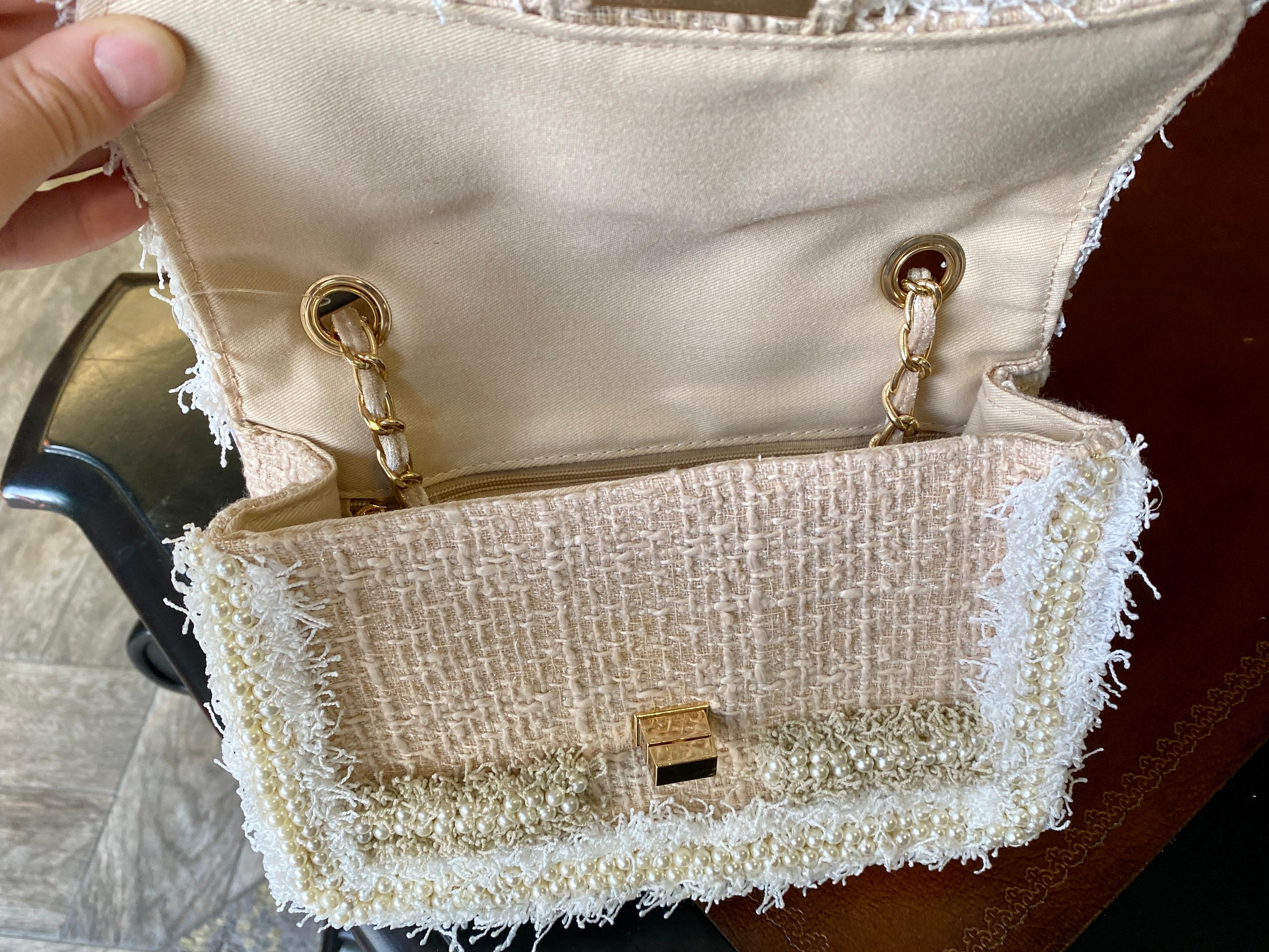 Brown Beige & White Faux Pearl  Woven Crossbody Bag  For Sale