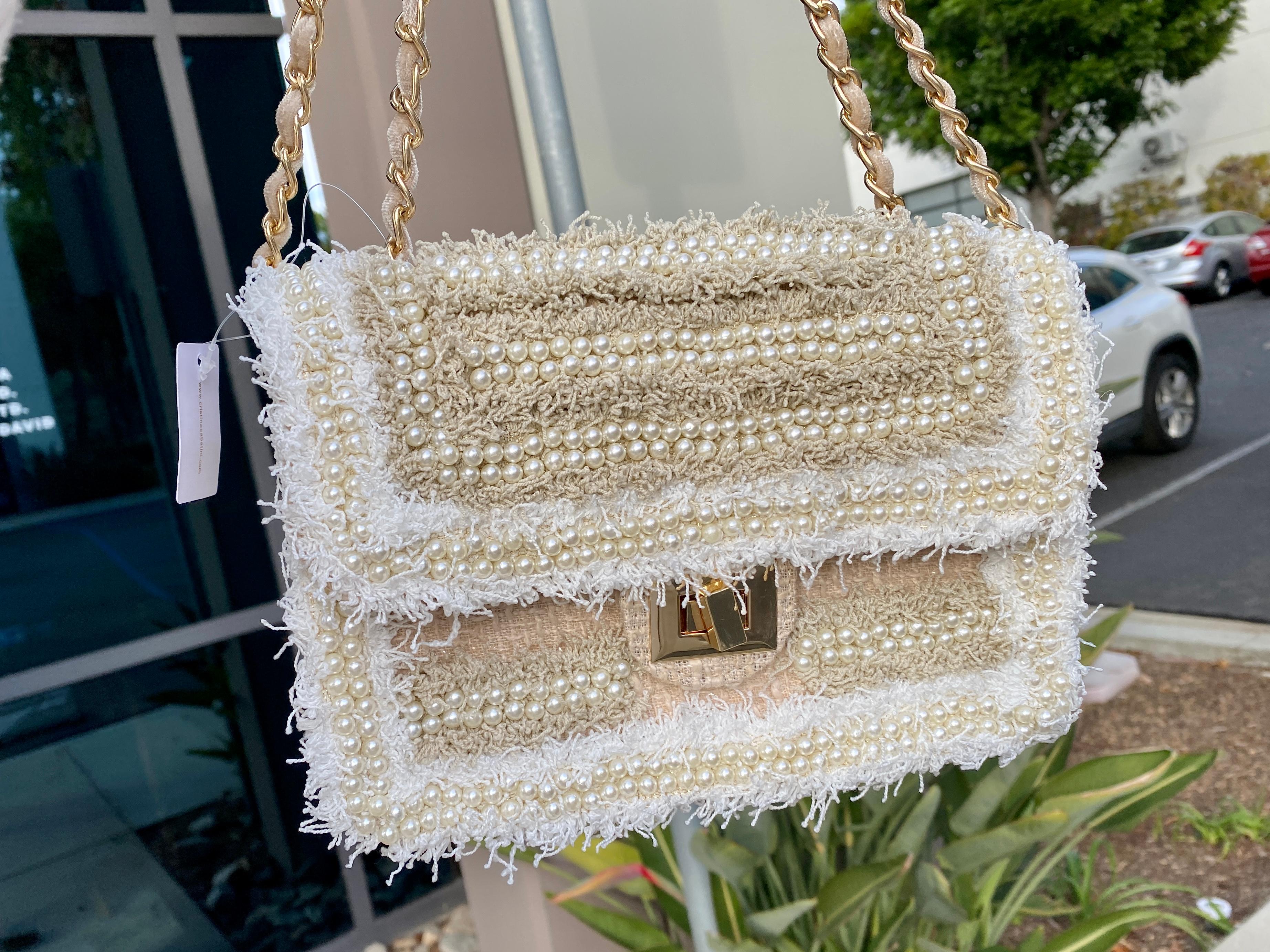 Beige & White Faux Pearl  Woven Crossbody Bag  For Sale 1