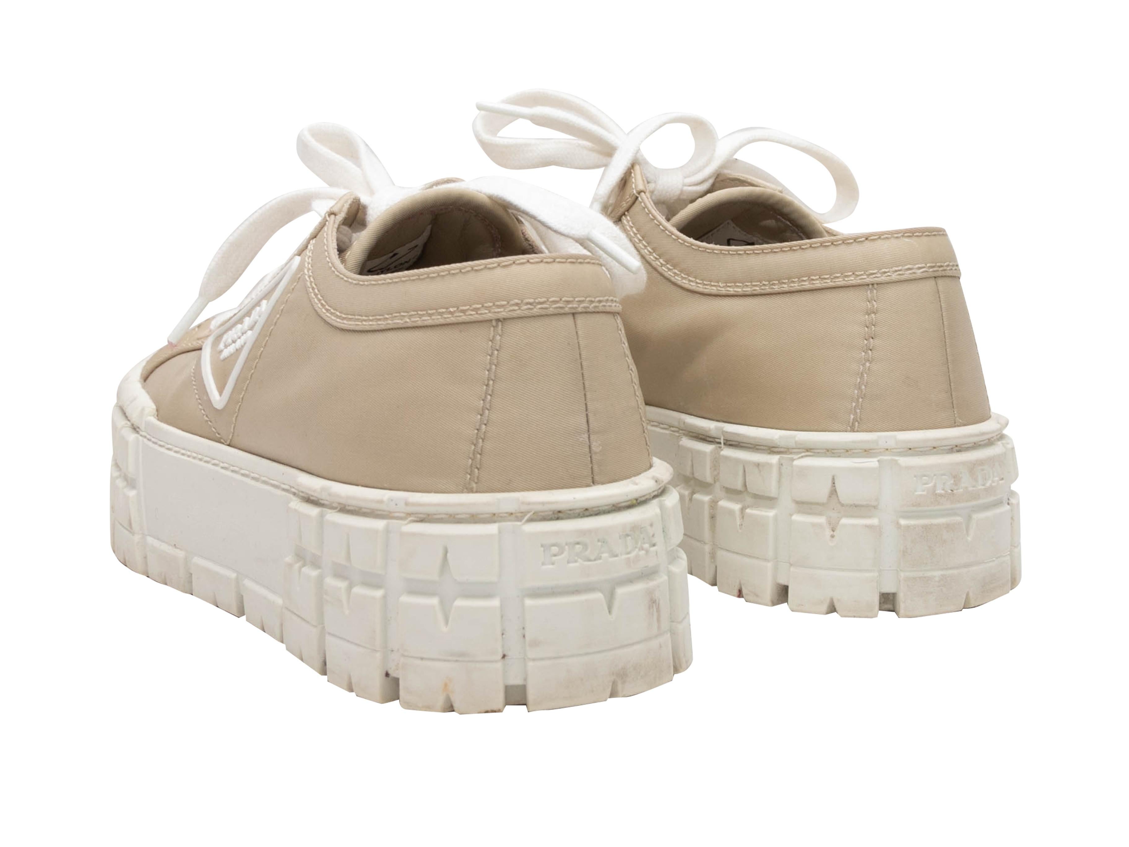 Women's or Men's Beige & White Prada Double Wheel Re-Nylon Platform Sneakers Size 38 For Sale
