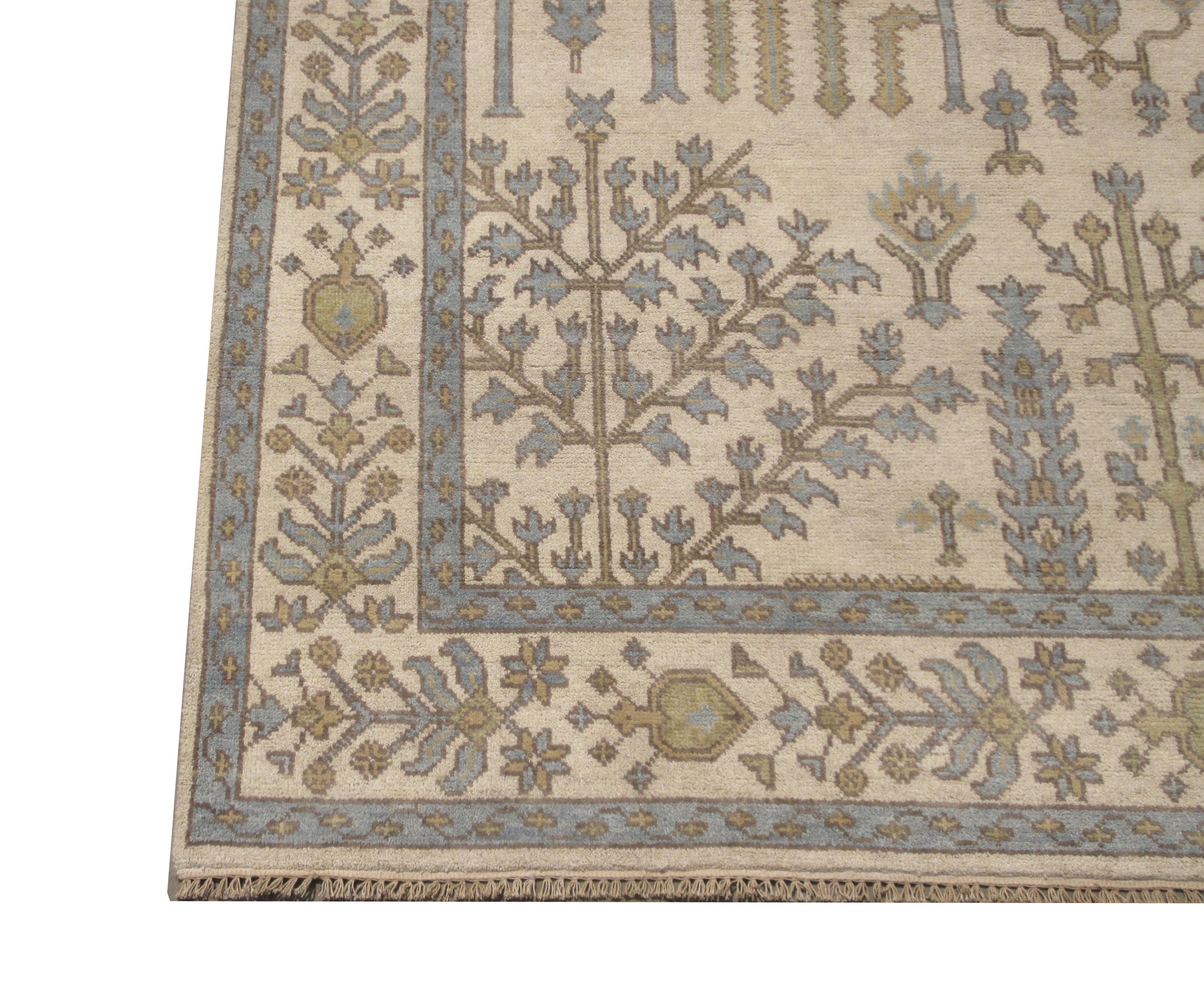 Hand-Knotted Beige Willow & Palm Tree Oushak For Sale