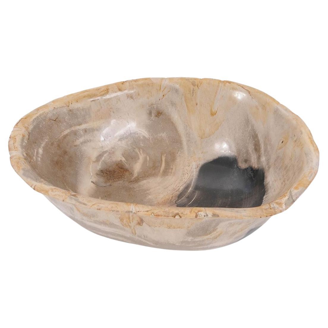 Beige With Black Accents Large Petrified Wood Bowl, Indonesia, Contemporary For Sale