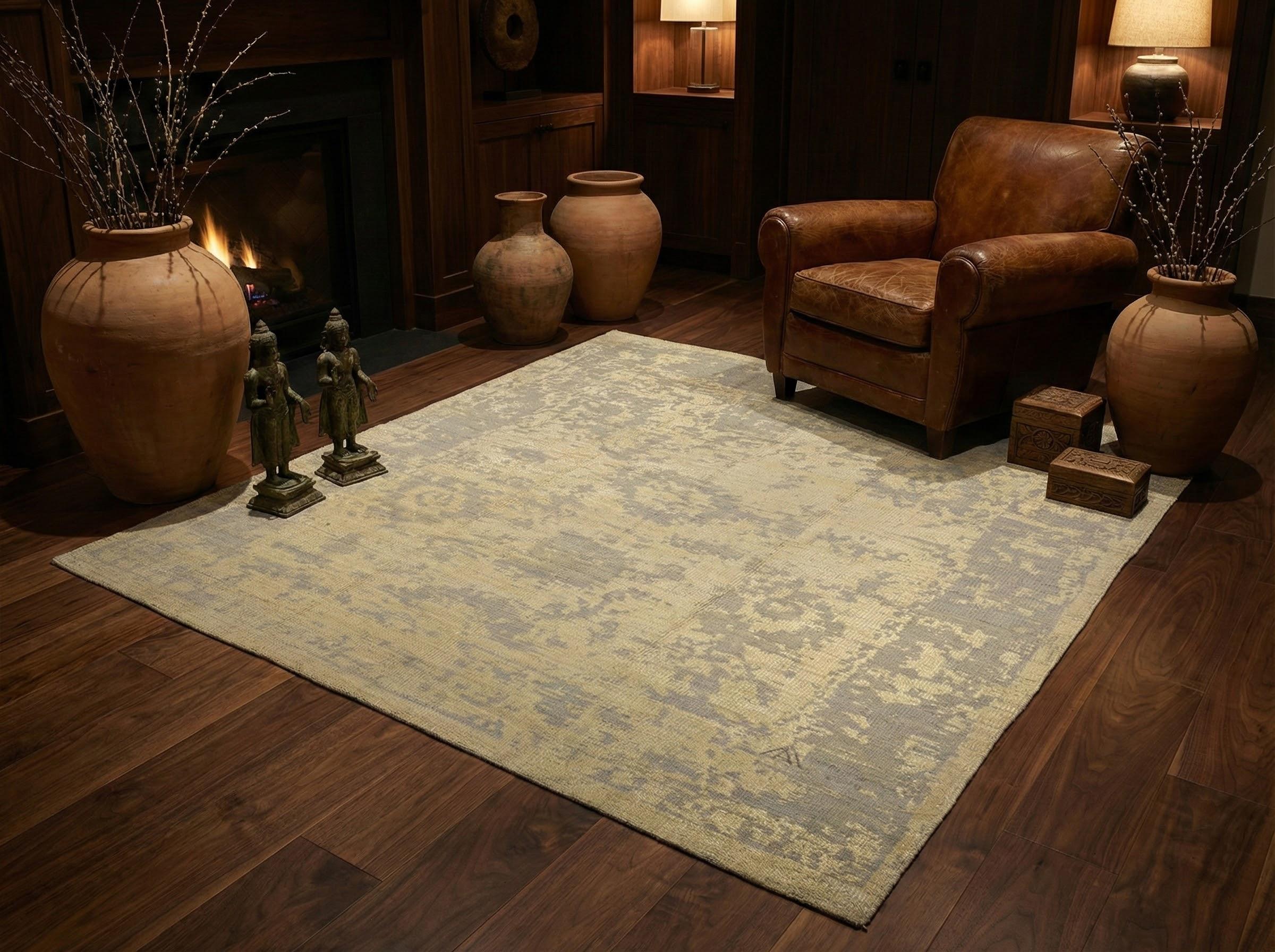 Dieser zeitgenössische Übergangsteppich hat ein weiches, fast quadratisches Format mit den Maßen von ca. 4,99 m² (7 ft 2 in x 7 ft 6 in). Er ist aus hochwertiger Wolle gewebt und mit niedrigem Flor versehen. Er gehört zur neuesten Produktionsära und