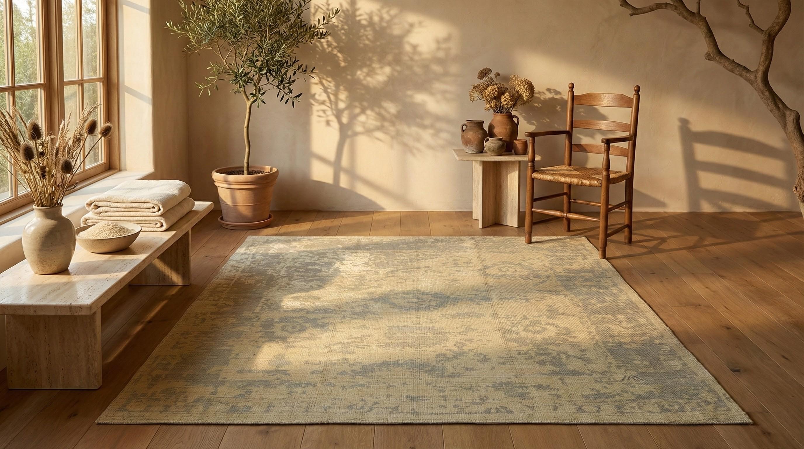 Beige Wolle handgeknüpft Teppich 7 Fuß x 7 Fuß, fast quadratisch, verblasst Garten Dreamscape (Oushak) im Angebot