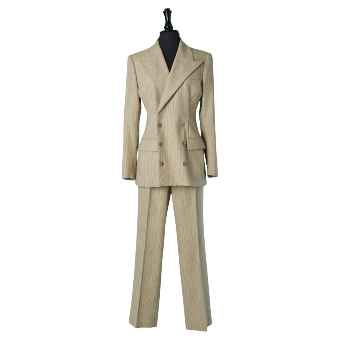 Tuta-pantalone in lana beige con strisce di spillo  Jean Paul Gaultier Classique