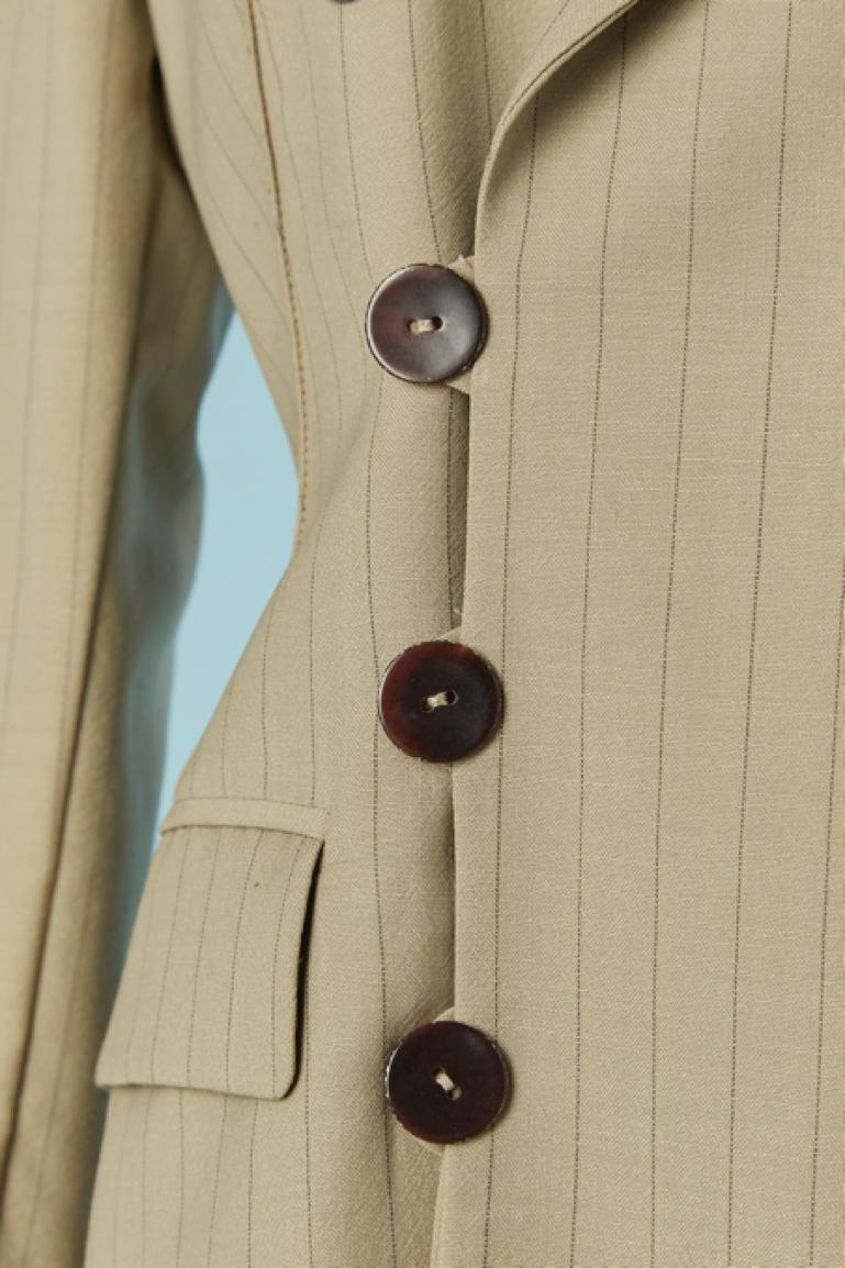 Beige wool pin-striped trouser suit Jean-Paul Gaultier Classique In Excellent Condition For Sale In Saint-Ouen-Sur-Seine, FR
