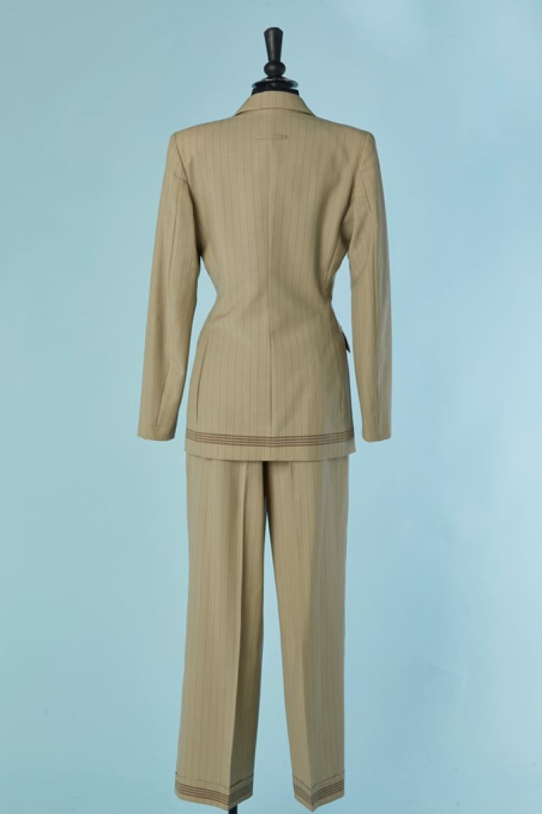 Beige wool pin-striped trouser suit Jean-Paul Gaultier Classique For Sale 2