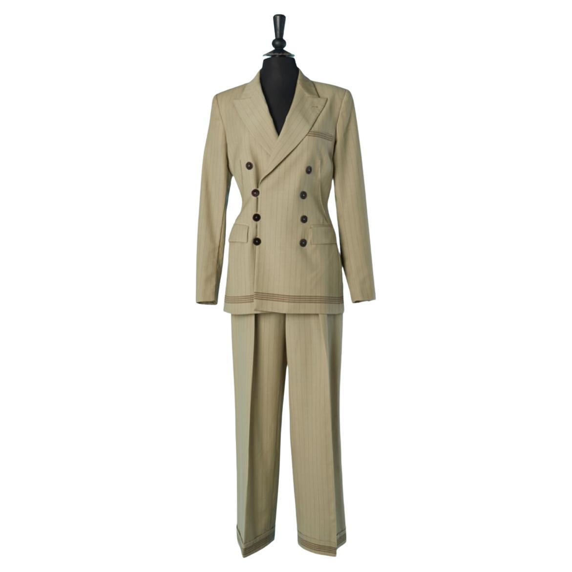 Beige wool pin-striped trouser suit Jean-Paul Gaultier Classique For Sale