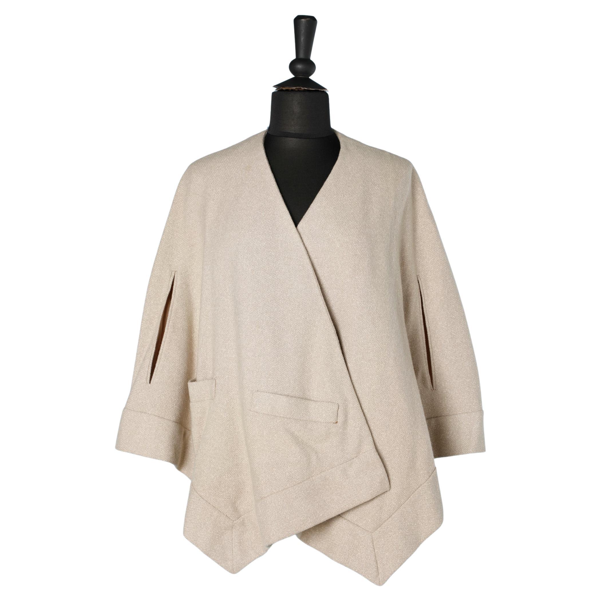 Mantella corta in lana beige Tweed con tasca e foro per le braccia CIRCA 1950/60