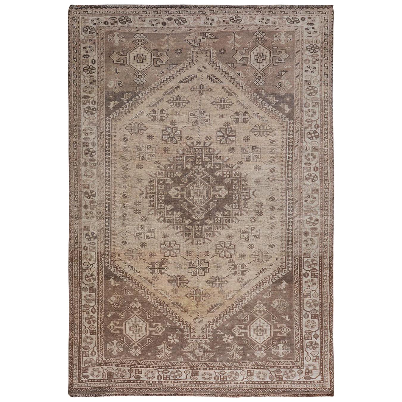 Beige Worn Down and Old Persian Qashqai Pure Wool Hand Knotted Oriental Rug