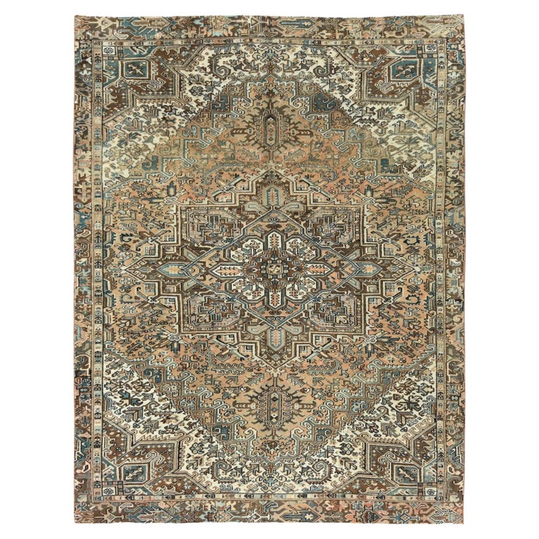 Beige Worn Down Distressed Feel Worn Wool Hand Knotted Vintage Persian ...