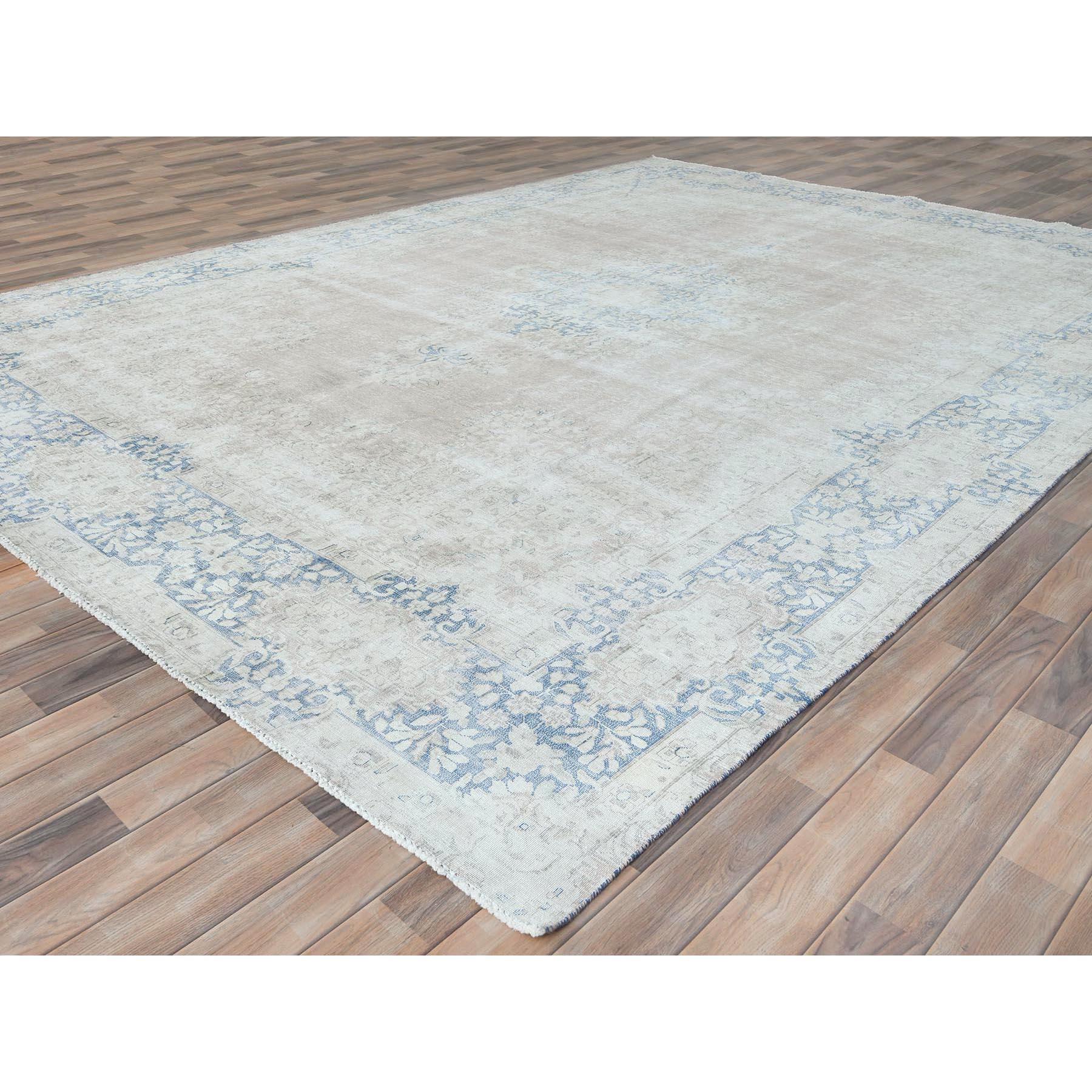 Hand-Knotted Beige Worn Wool Distressed Look Old Persian Kerman Hand Knotted Oriental Rug For Sale