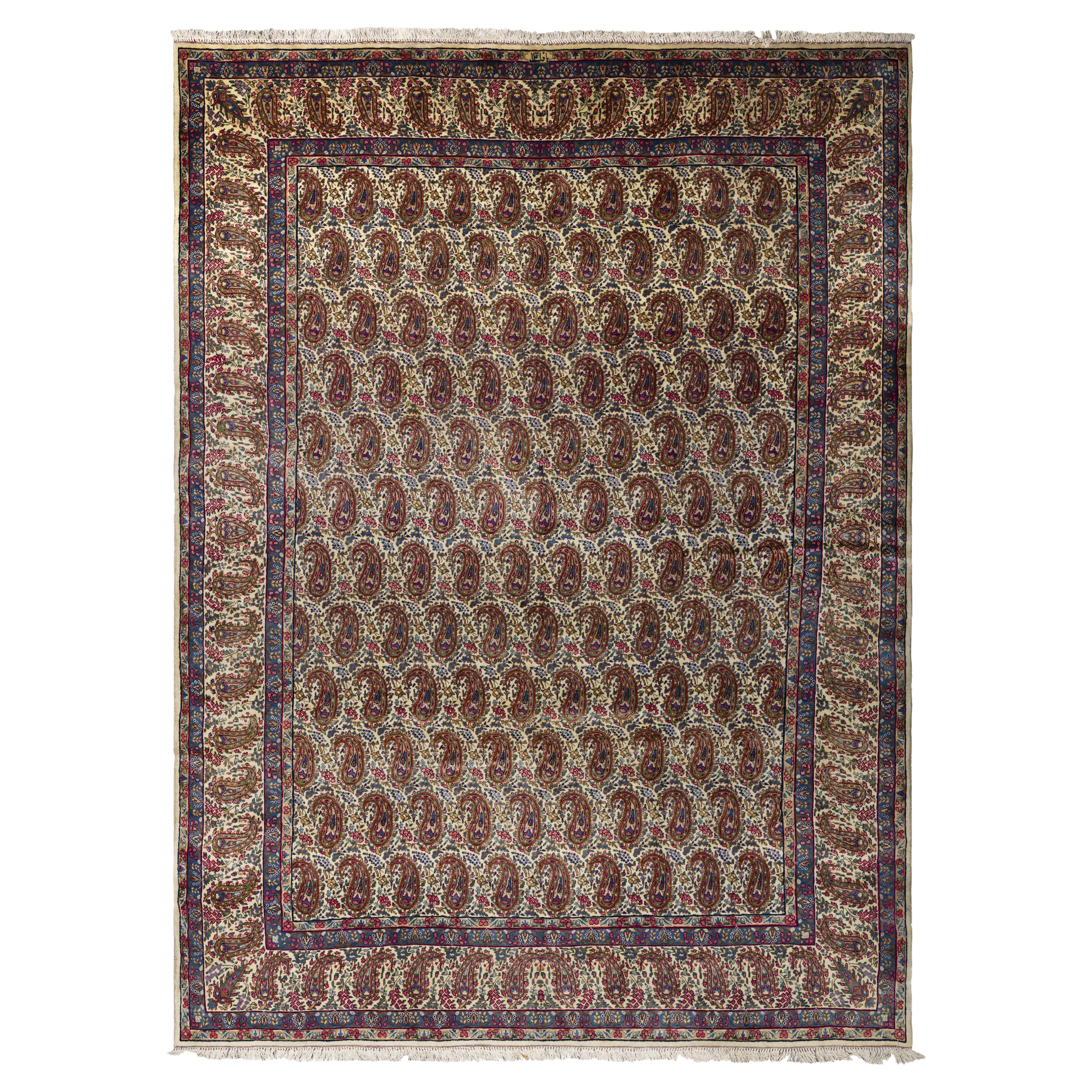 Beige Yazd Wool Hand Knotted Rug 8 ft x 12 ft , Buttercream Boteh Garden For Sale