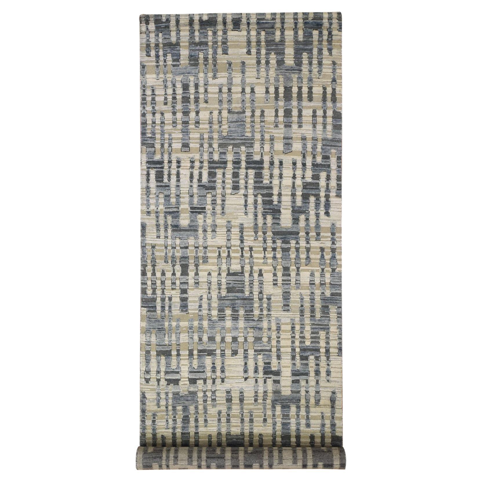 Beige Zigzag with Graph Design Pure Silk and Textured Wool Runner Rug 4' x 12'4"