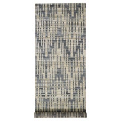 Beige Zigzag with Graph Design Pure Silk and Textured Wool Runner Rug 4' x 12'4"