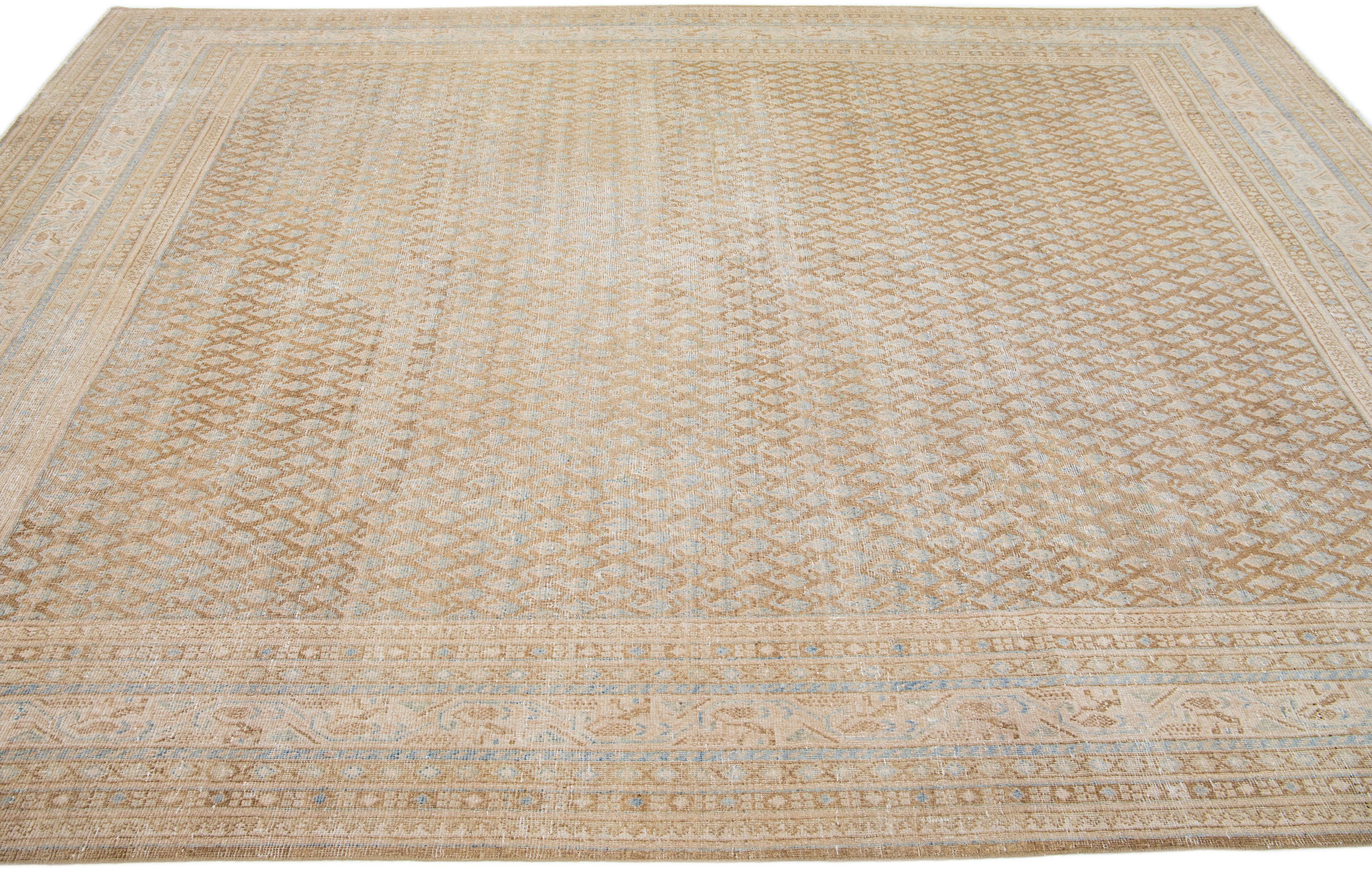 Persian Beige Handmade Antique Hamadan Wool Rug with Allover Design For Sale