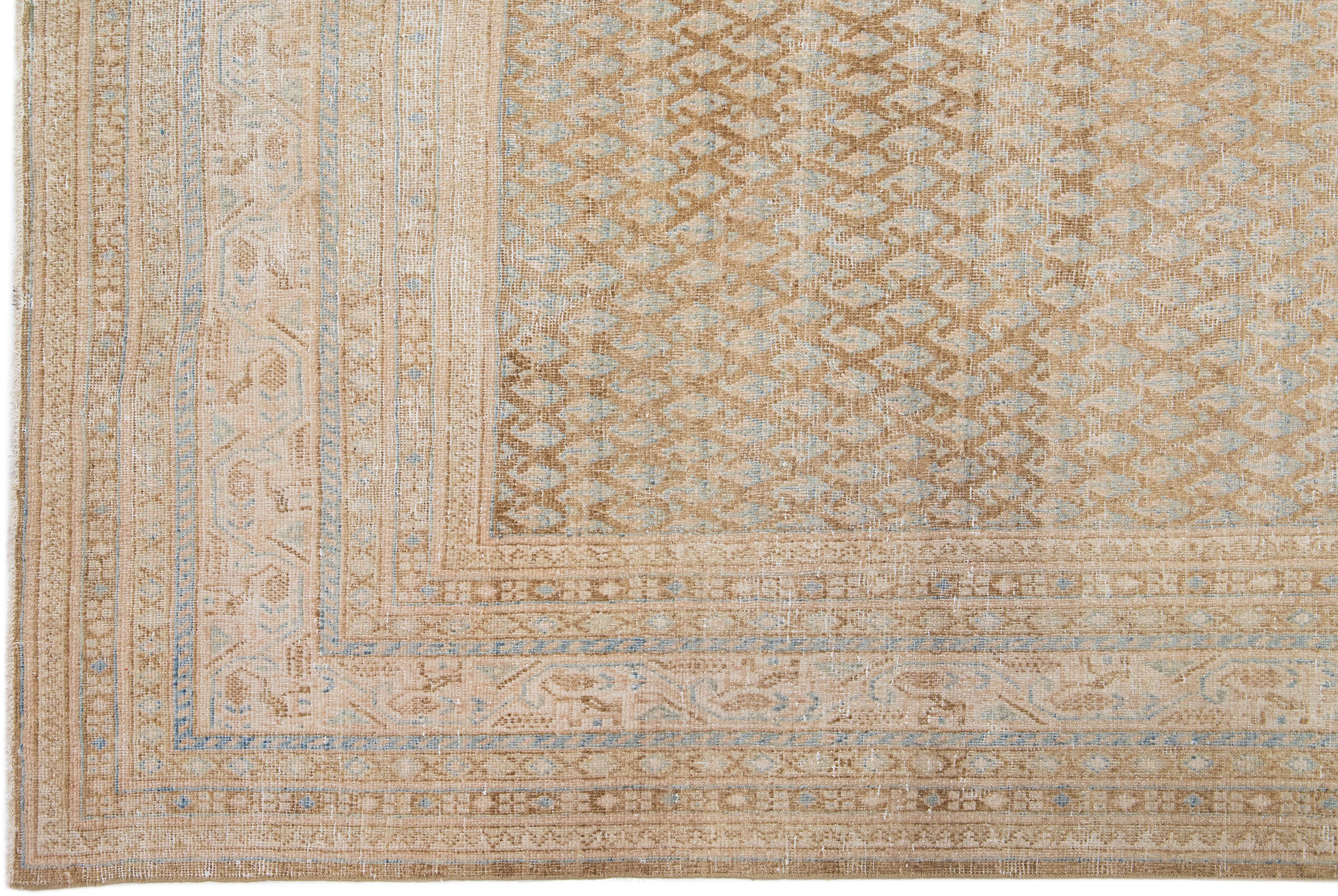 Hand-Knotted Beige Handmade Antique Hamadan Wool Rug with Allover Design For Sale