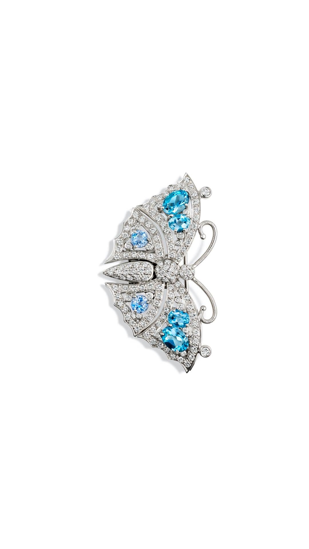 Beijing Sapphire Aquamarine Diamond Gold Butterfly Brooch In New Condition For Sale In London, GB