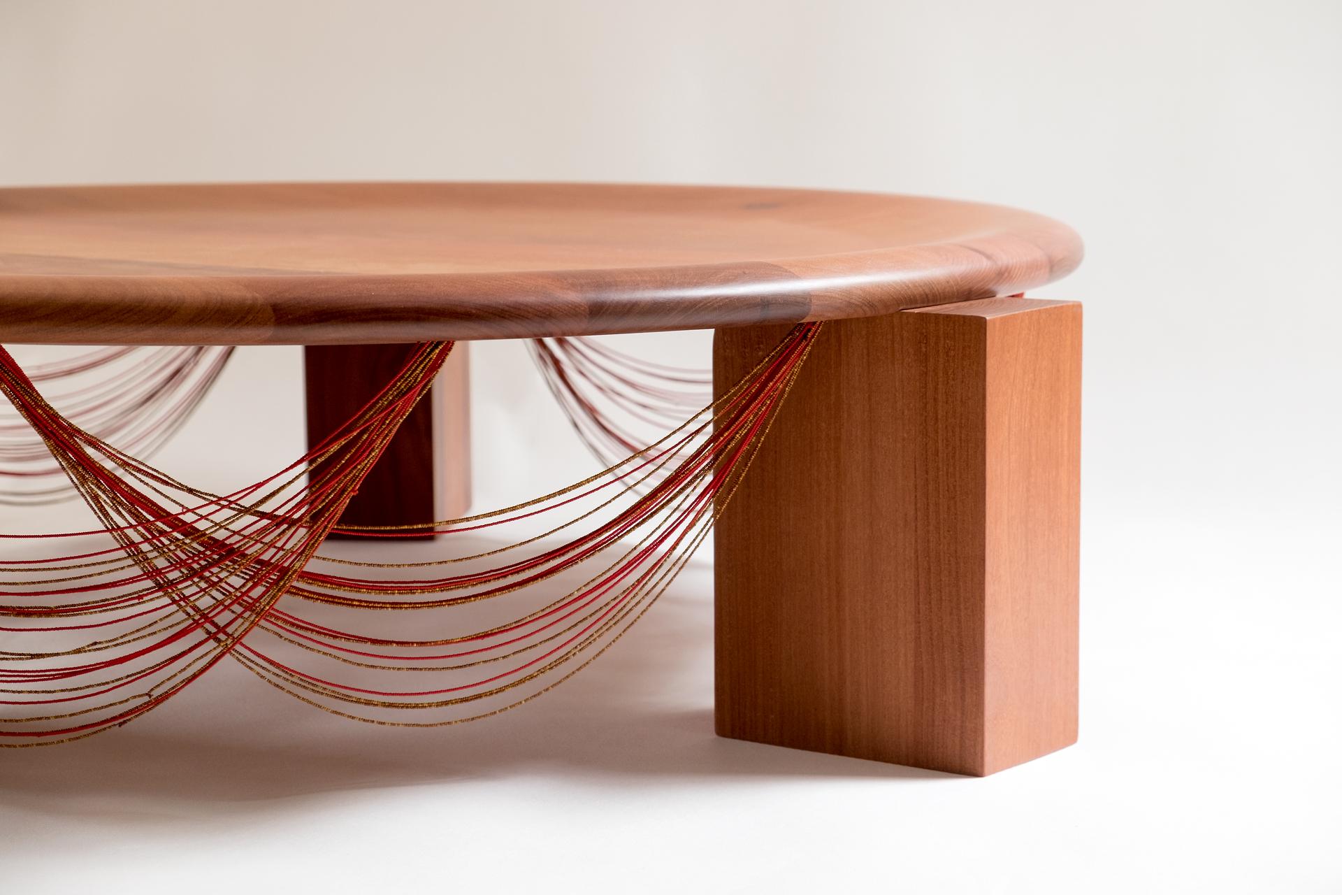 Brazilian Beijú Center Table: handcrafted in Brazil with beads and Cabreúva wood For Sale