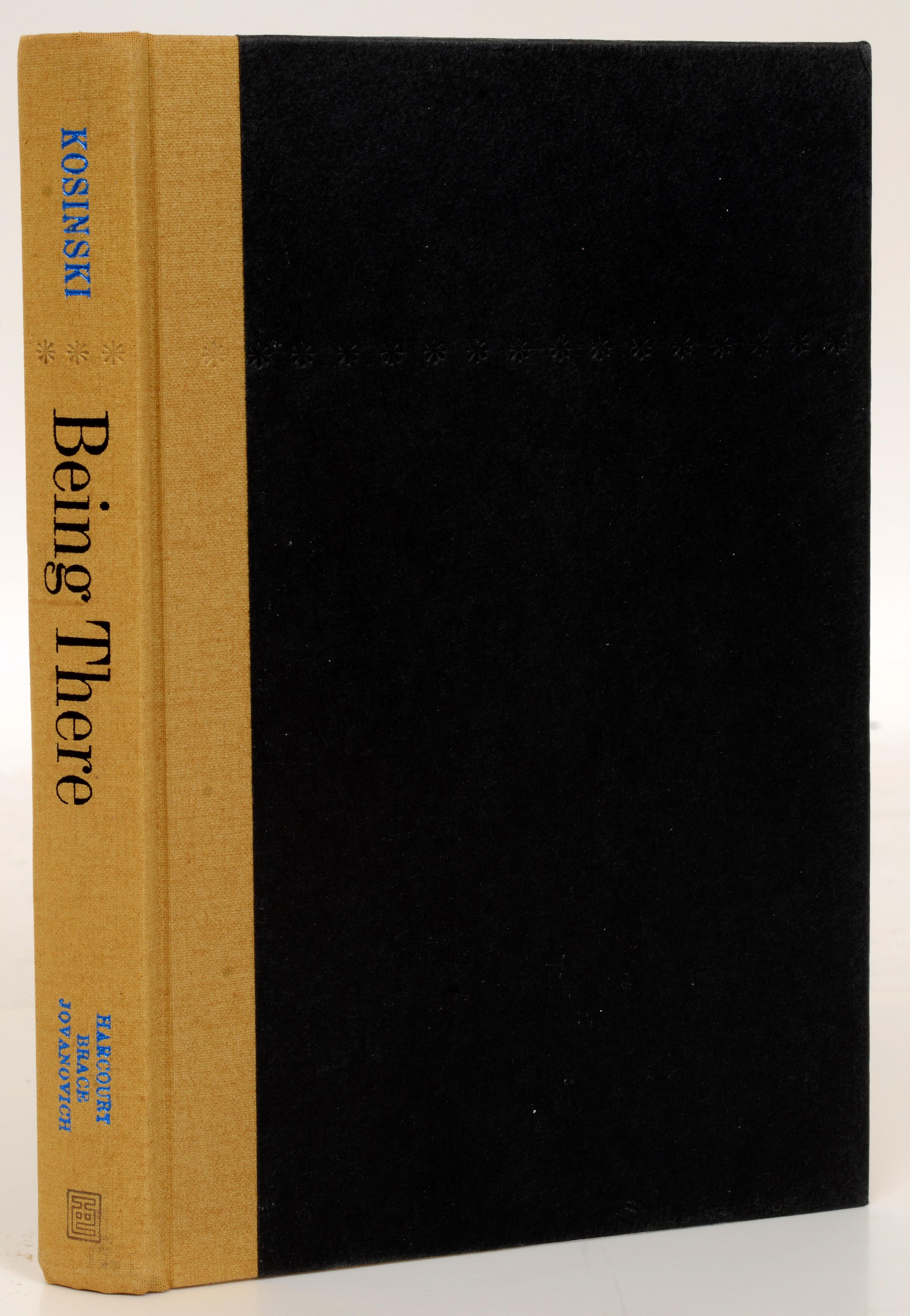 Being There by Jerzy N. Kosinski. Published by Harcourt Brace Jovanovich, NY, 1970. Stated 1st Ed hardcover with dust jacket. 142 pages. hardcover. Dust jacket design by Hal Siegel. Being There is a satirical novel by the Polish-born writer Jerzy