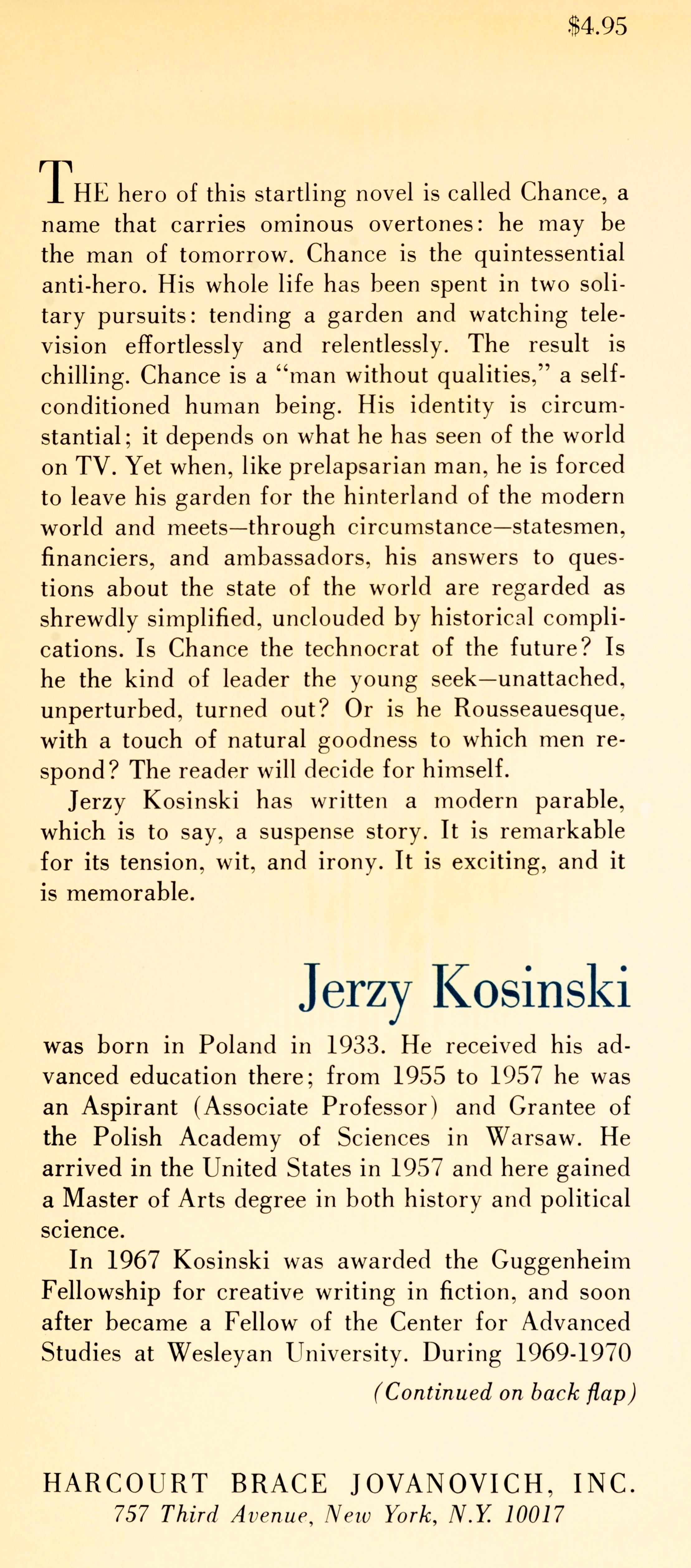 Américain Being There de Jerzy N. Kosinski, Édition 1ère en vente