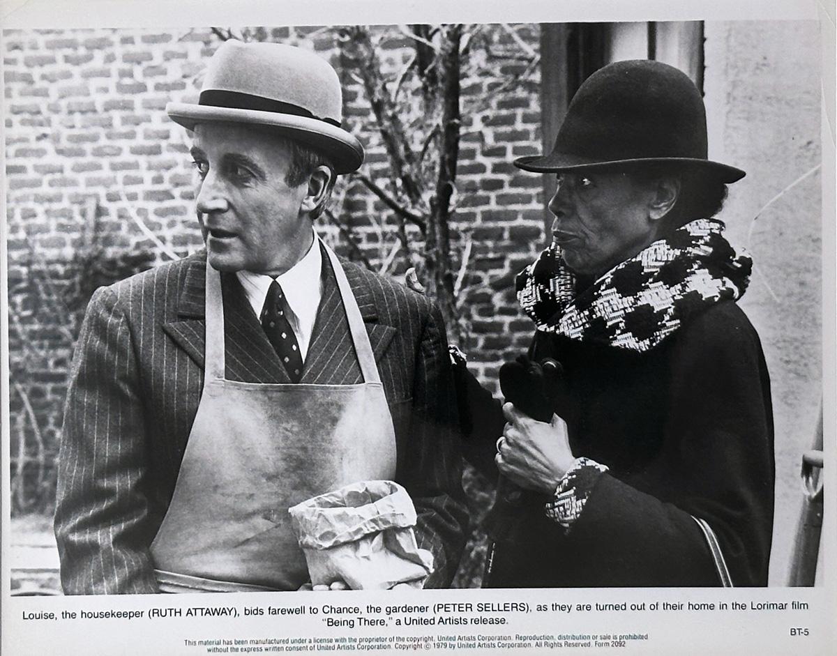 Original United Artists 8x10 inches Publicity Still for Peter Sellers' Being There (1979).

Publicity (film/production) stills were created to help studios promote their new films. The stills were included with press kits and available at press