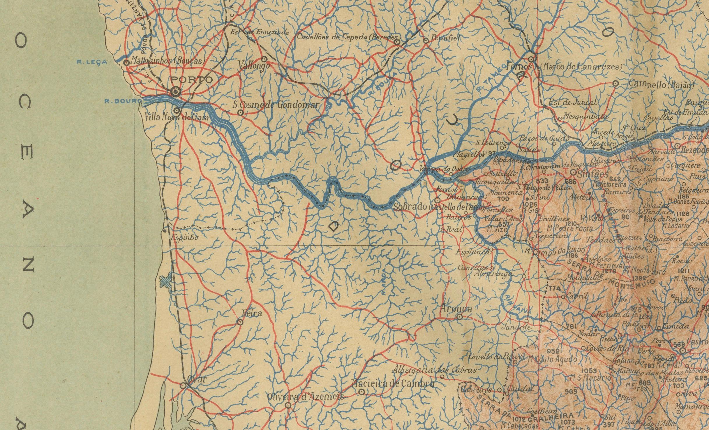 The uploaded image is a historical map of the Beira Alta region in Portugal. The map is detailed, showing the topography, hydrography, and transportation networks of the region, including railroads and roads. Beira Alta is located in the