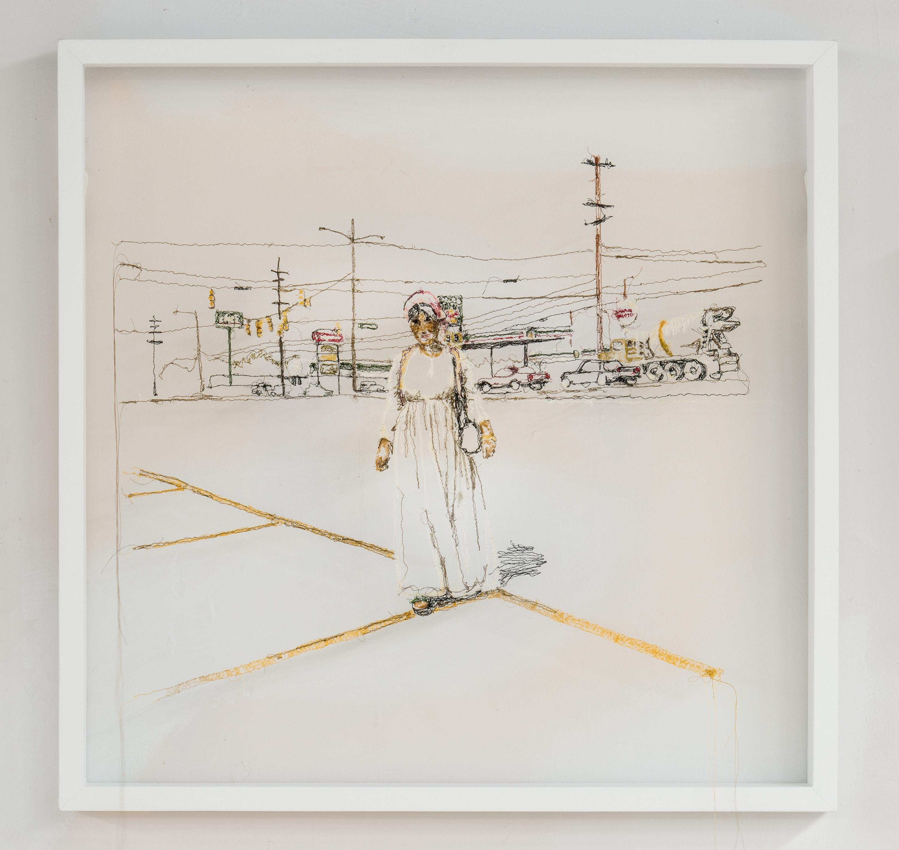 Figurative Art de Beizar Aradini - AVE GLENROSA - Escena Bordada de Glenrose Ave en Nashville en Marco de Madera