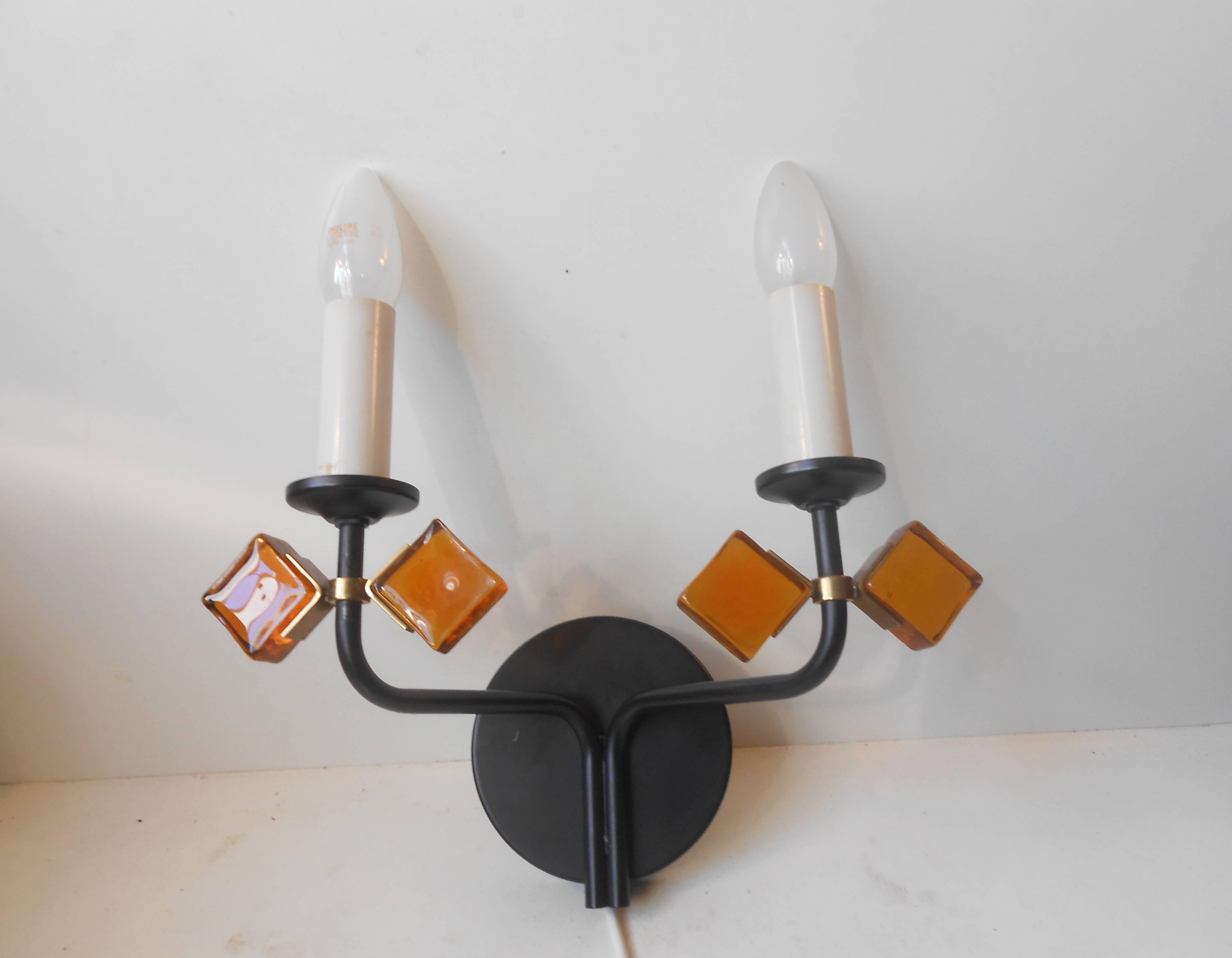 Metal Bejeweled Sconce with Amber Glass 'Butterflies' by Svend Aage Holm Sørensen For Sale