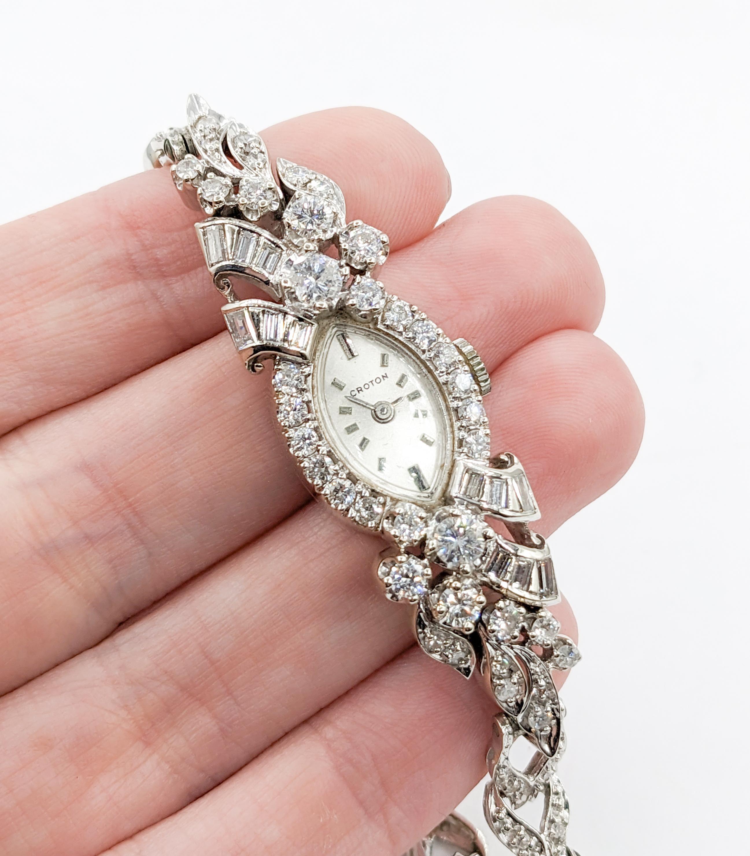 Art Deco Bejeweled Vintage 3.00ctw Diamond Croton Ladies Watch in 14K White Gold
