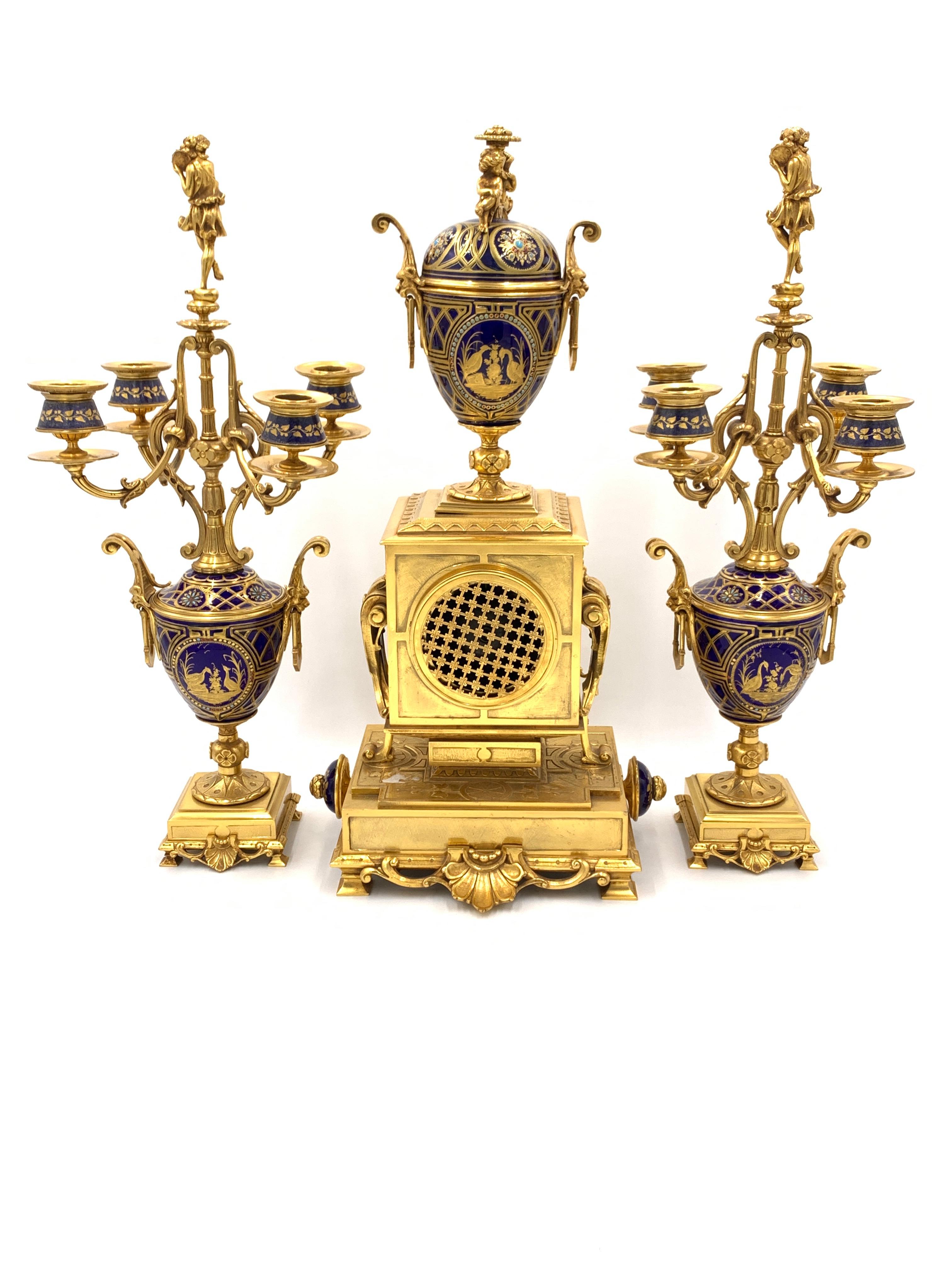 French Bejewelled 19th Century Sevres Style Clock Set For Sale
