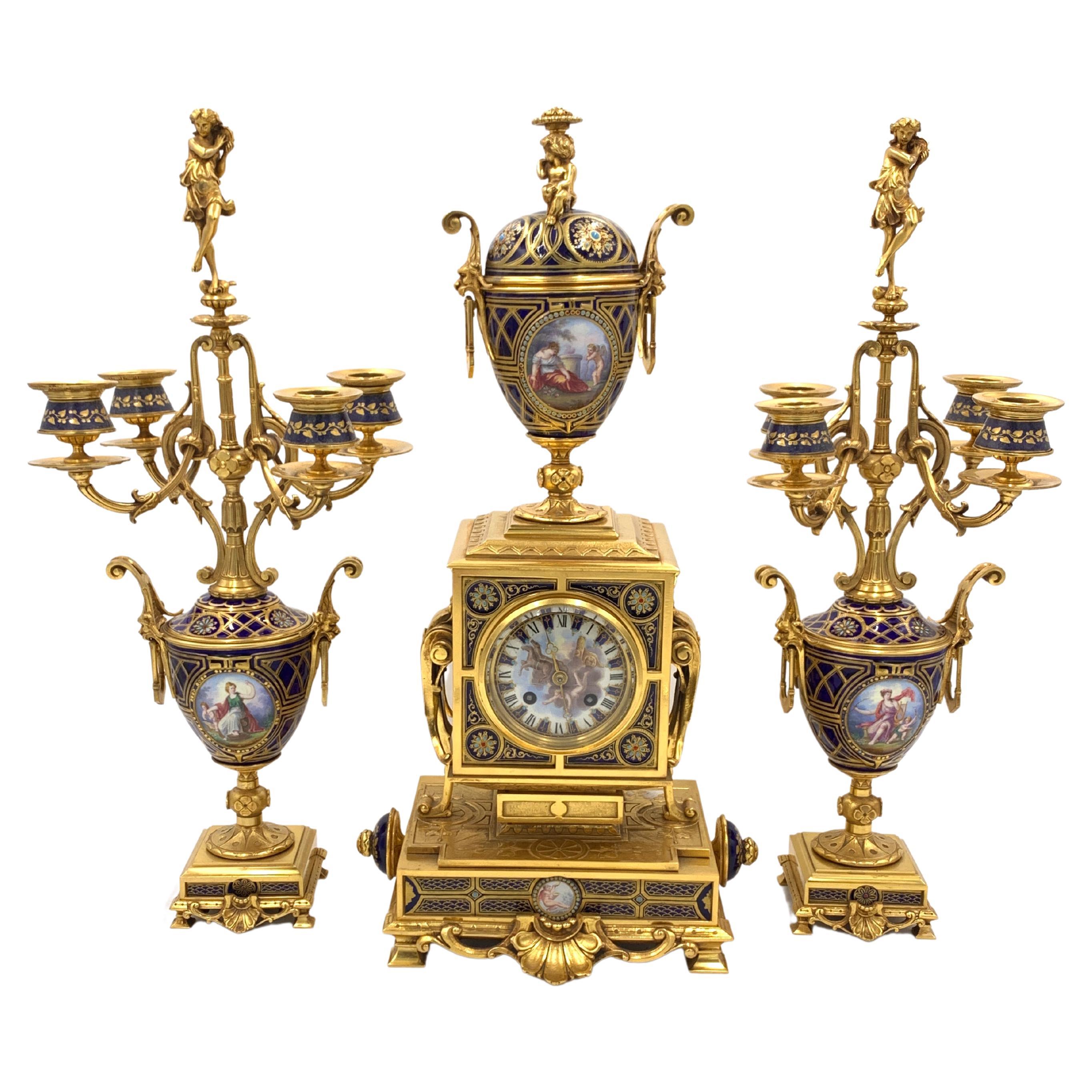 Bejewelled 19th Century Sevres Style Clock Set For Sale