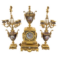 Antique Bejewelled 19th Century Sevres Style Clock Set