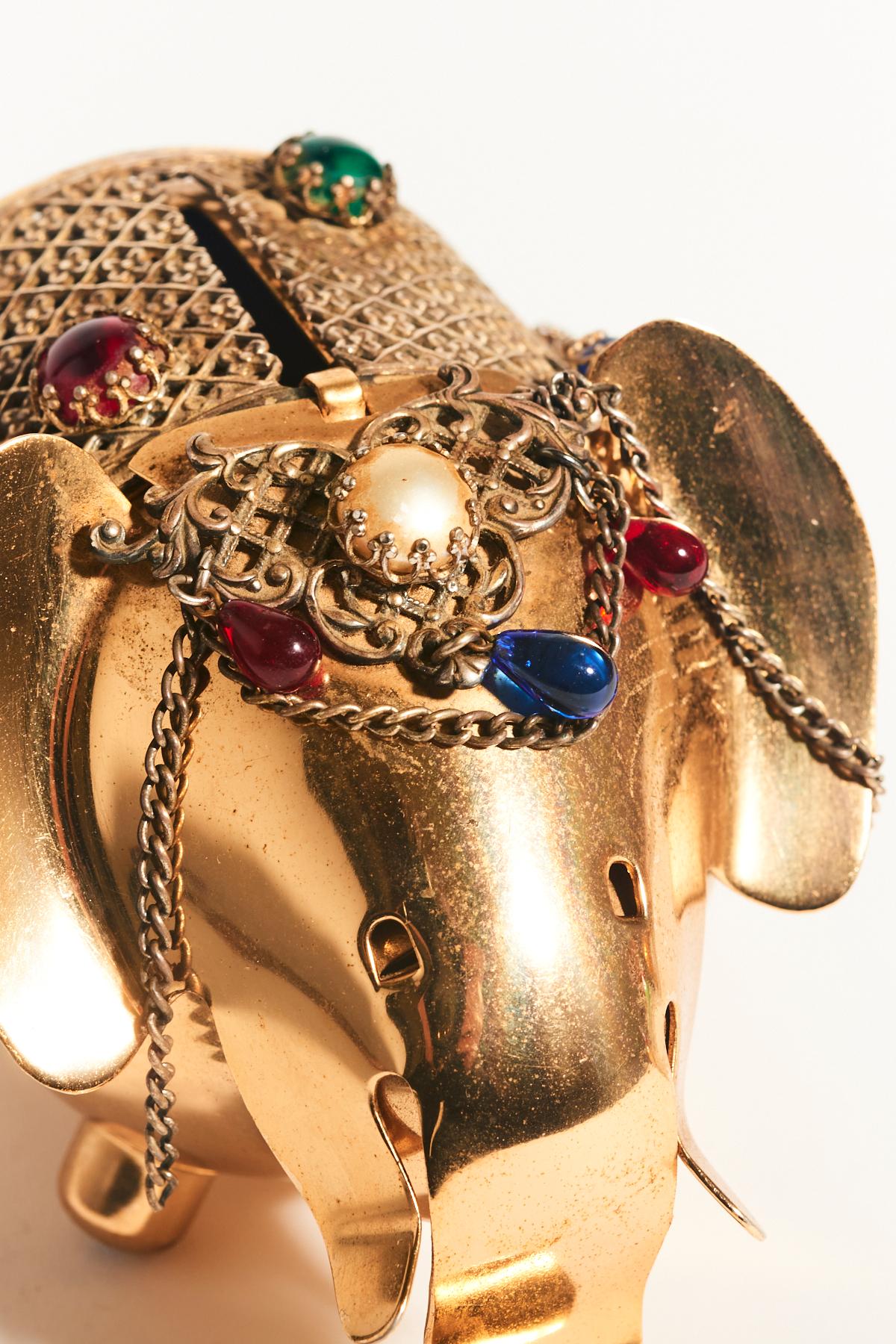 Mid-Century Modern Bejewelled Gold Tone Elephant Piggy Bank