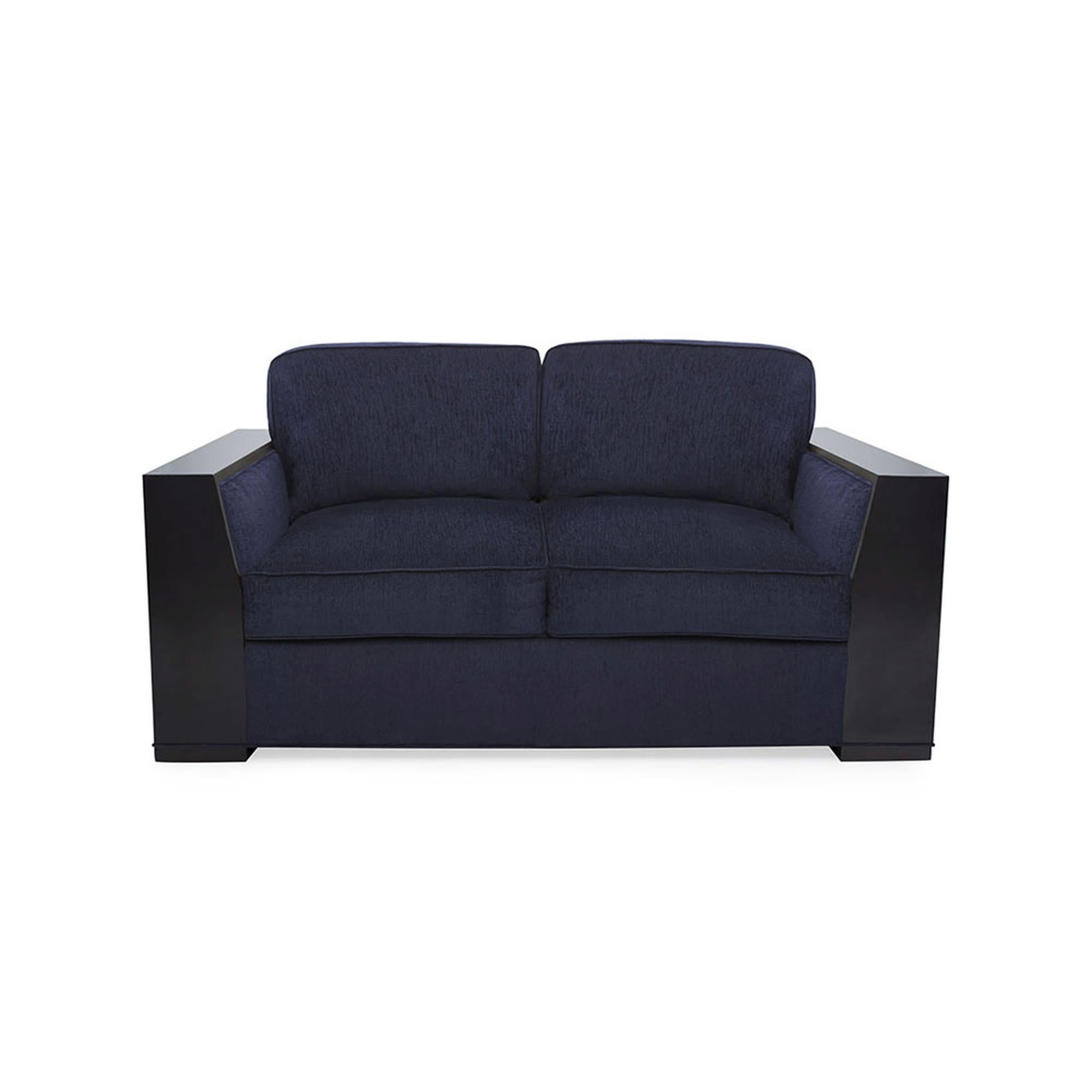 A rich and generous seat, the contemporary Bel Air Loveseat makes a solemn and substantial contribution to any room in which it sits. With a sleek wood frame, this chair is fully upholstered on all sides, and is luxuriously deep. The down wrapped