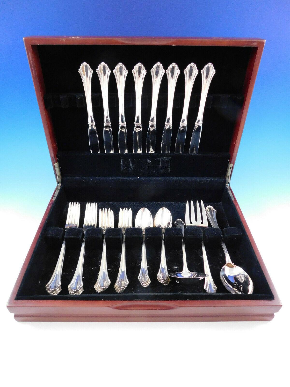 A masterful statement in fluid French Provincial, the Bel Chateau sterling silver flatware pattern from Lunt is meticulously designed and exhibits elegance in its refined lines.

Bel Chateau by Lunt sterling silver Flatware set, 36 pieces. This