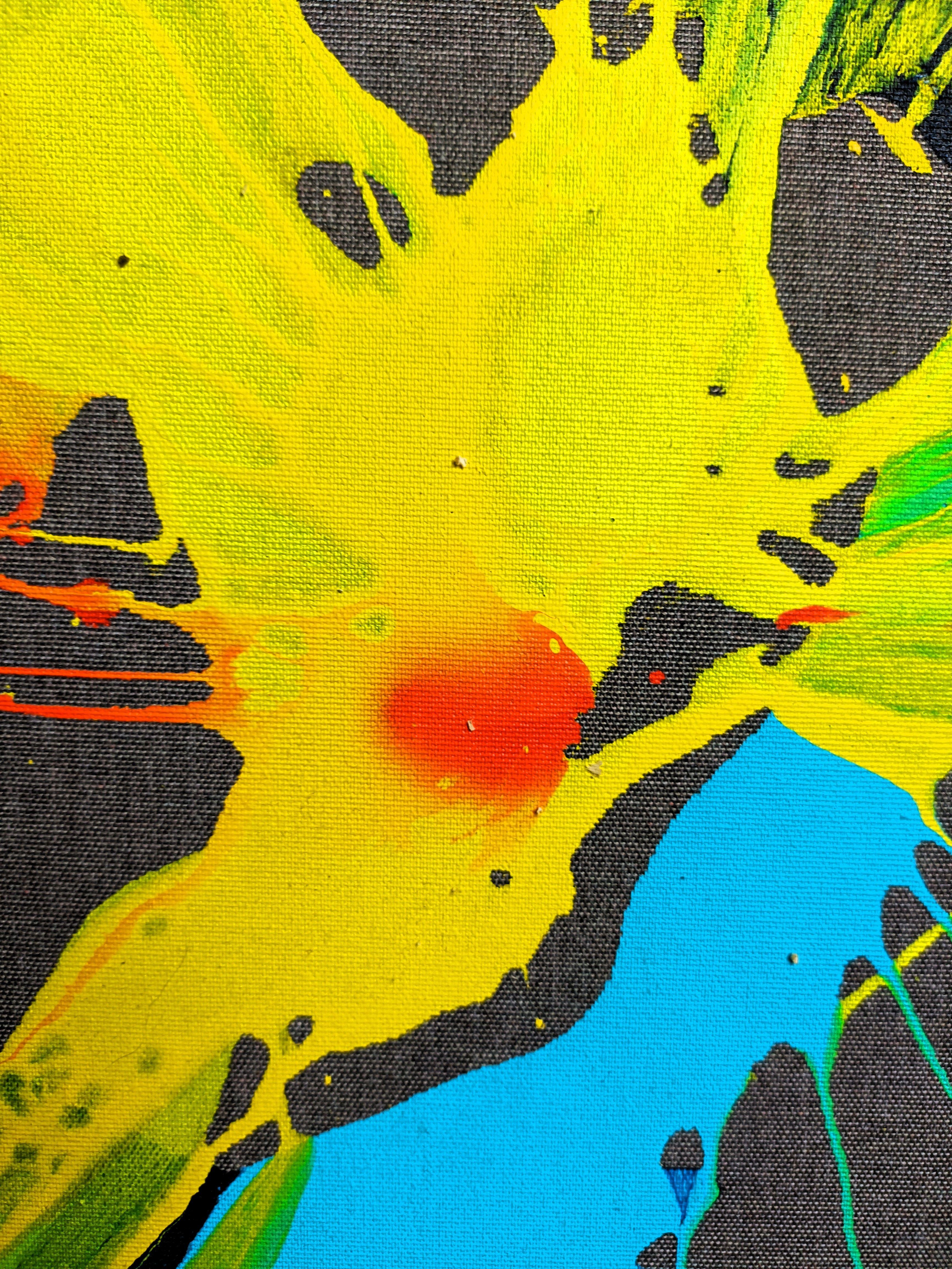 Dans cette œuvre, il a canalisé l'intensité de mes émotions par des traits d'acrylique vibrants. Il capture l'explosion de la passion et de l'énergie brute sur une toile abstraite, permettant aux couleurs de danser librement, créant une symphonie