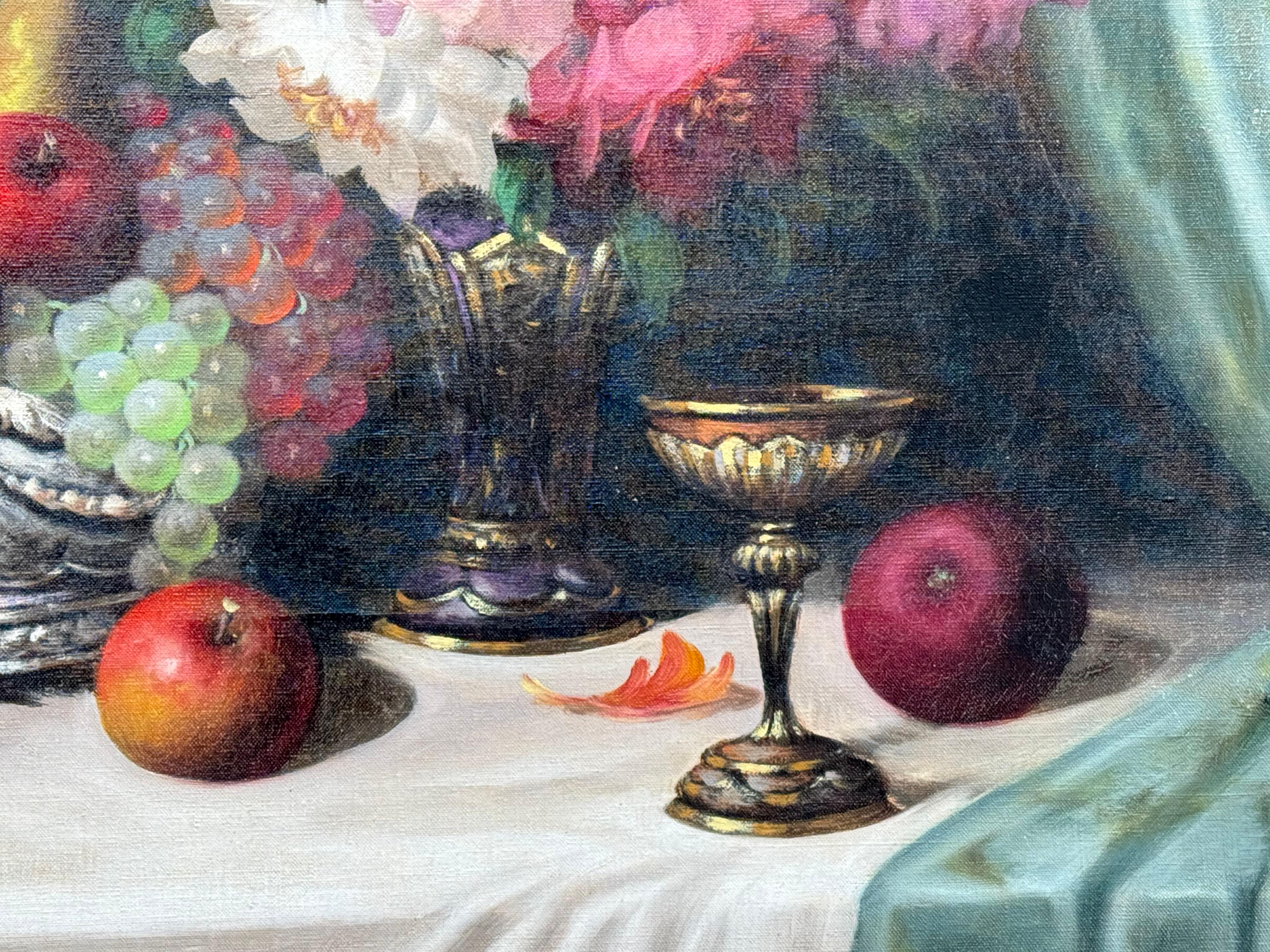 Pintura original al óleo sobre lienzo de un elegante servicio de mesa de la artista húngara Bella Balogh.  Firmado por el artista en la parte inferior derecha.  Alrededor de 1960.   Un bello bodegón de estilo clásico del artista húngaro Bela