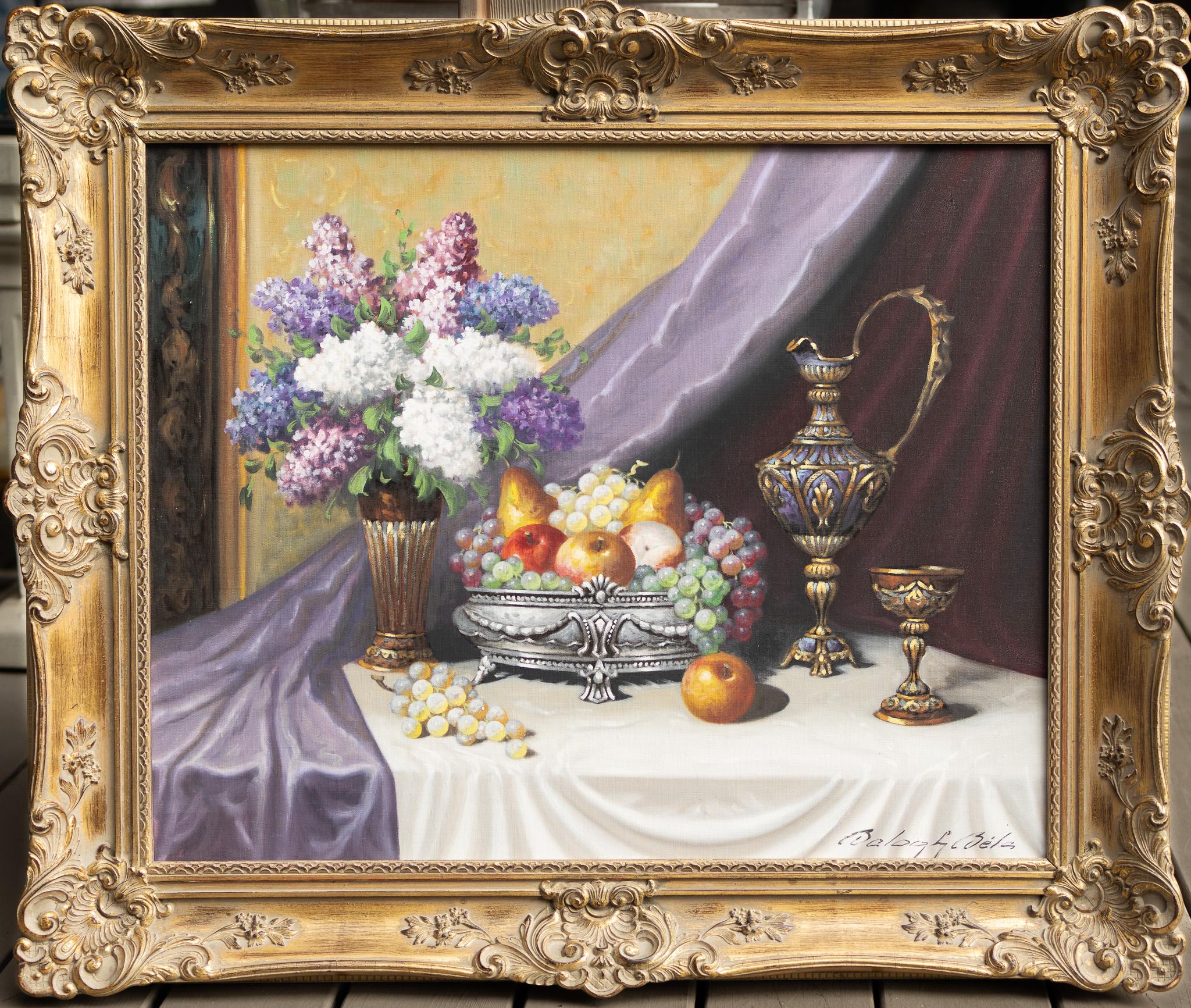 Still Life with Lilacs - Painting by Bela Balogh