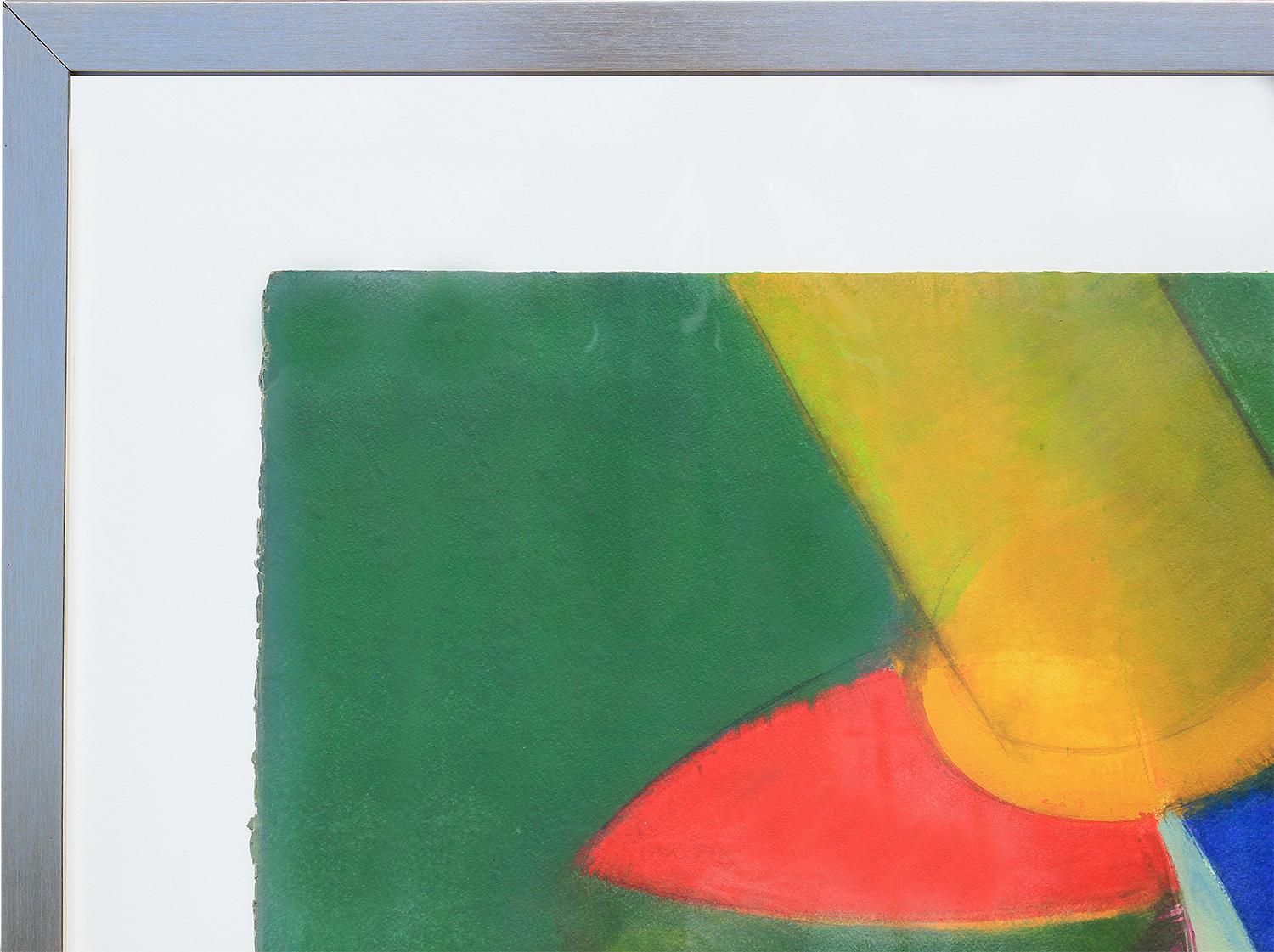Peinture géométrique abstraite verte, jaune, bleue et rouge - Painting de Béla Birkás 