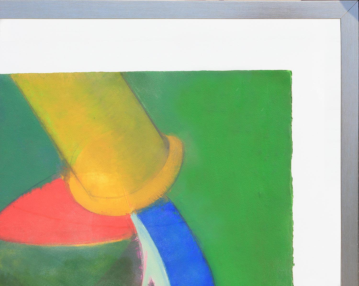 Peinture géométrique abstraite verte, jaune, bleue et rouge - Géométrique abstrait Painting par Béla Birkás 