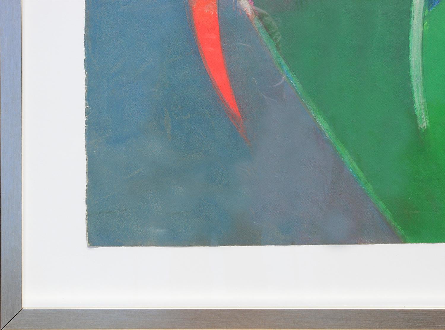 Peinture géométrique abstraite verte, jaune, bleue et rouge - Gris Abstract Painting par Béla Birkás 