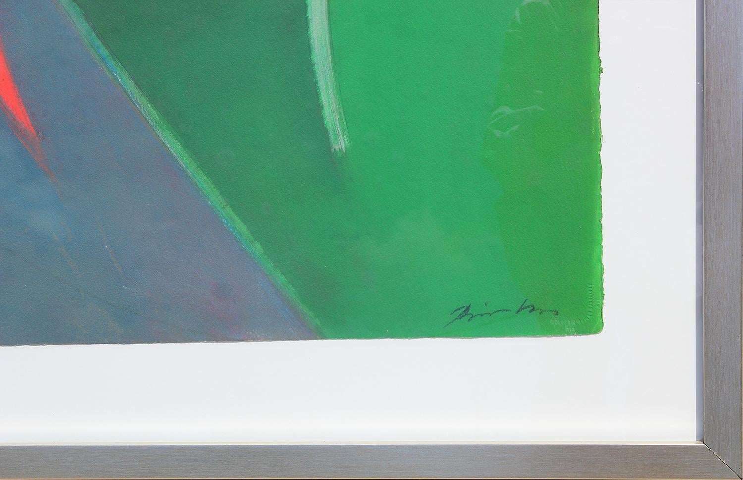 Peinture géométrique abstraite et colorée de l'artiste hongrois Béla Birkás. Peinture abstraite aux tons verts avec des accents jaunes, bleus et rouges formant diverses formes aléatoires. Signé par l'artiste en bas à droite. Encadré et monté dans un