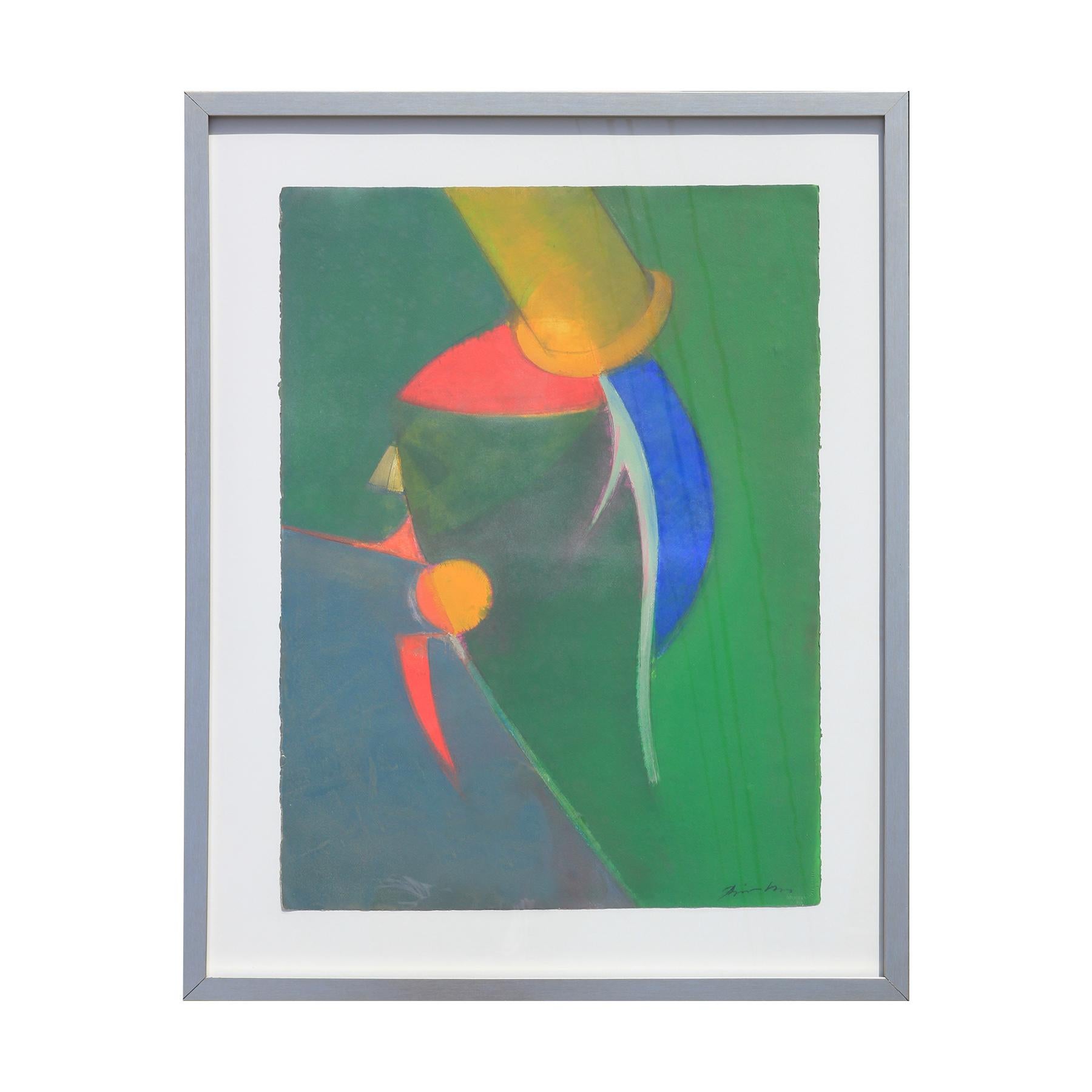 Abstract Painting Béla Birkás  - Peinture géométrique abstraite verte, jaune, bleue et rouge
