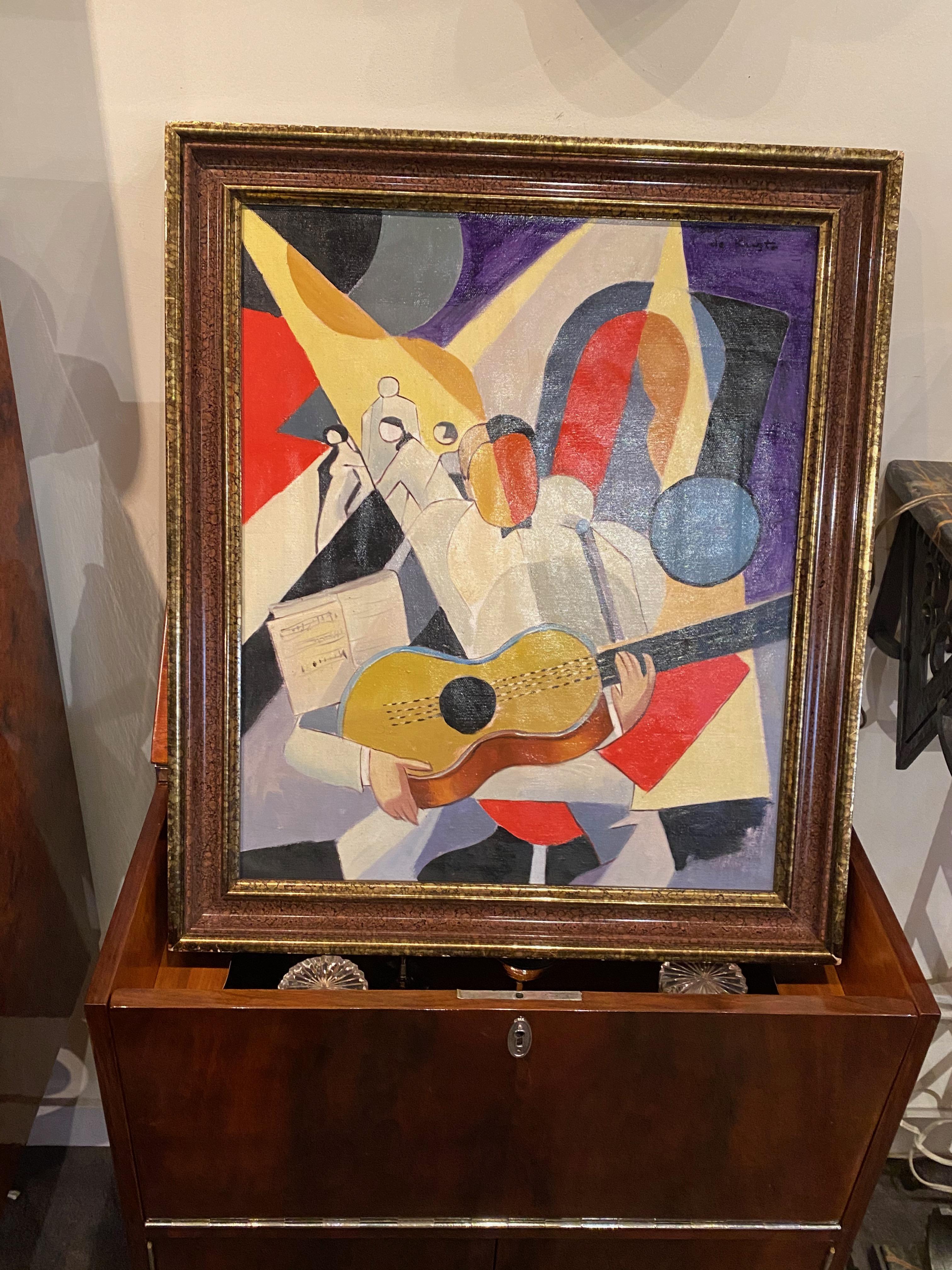 Bela De Kristo Art Deco Cubist Oil on Canvas Man Playing Guitar For Sale 3