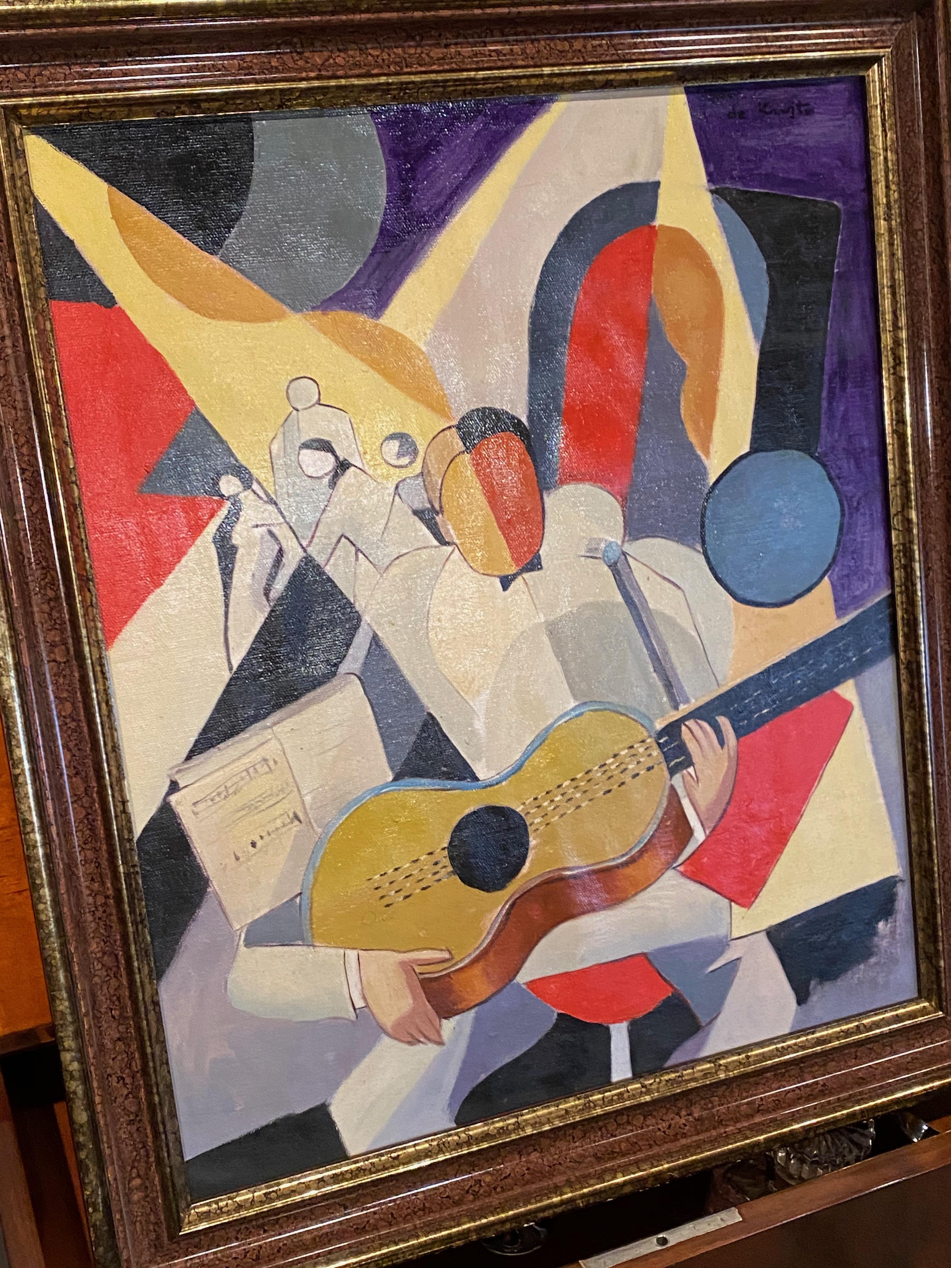 Kubistisches Art-Deco-Gemälde eines Gitarristen von Bela De Kristo. Starker kubistischer Stil und Farben, originell und der Zeit entsprechend. Das Bild, das einen Sologitarristen mit Tänzern im Hintergrund und Notenblättern darstellt, trägt zum