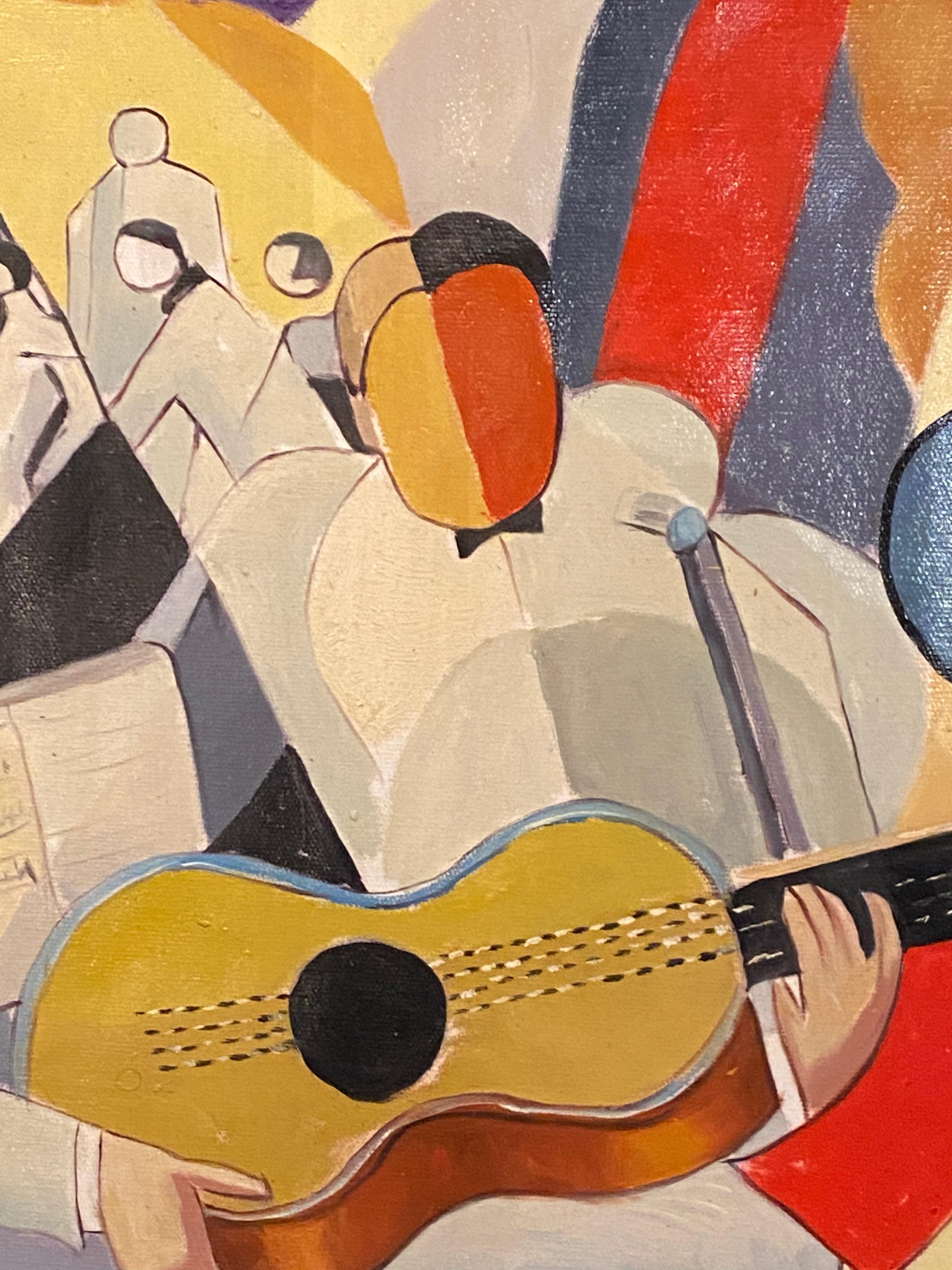Bela De Kristo Art Deco Kubist Öl auf Leinwand Mann spielt Gitarre (Art déco) im Angebot