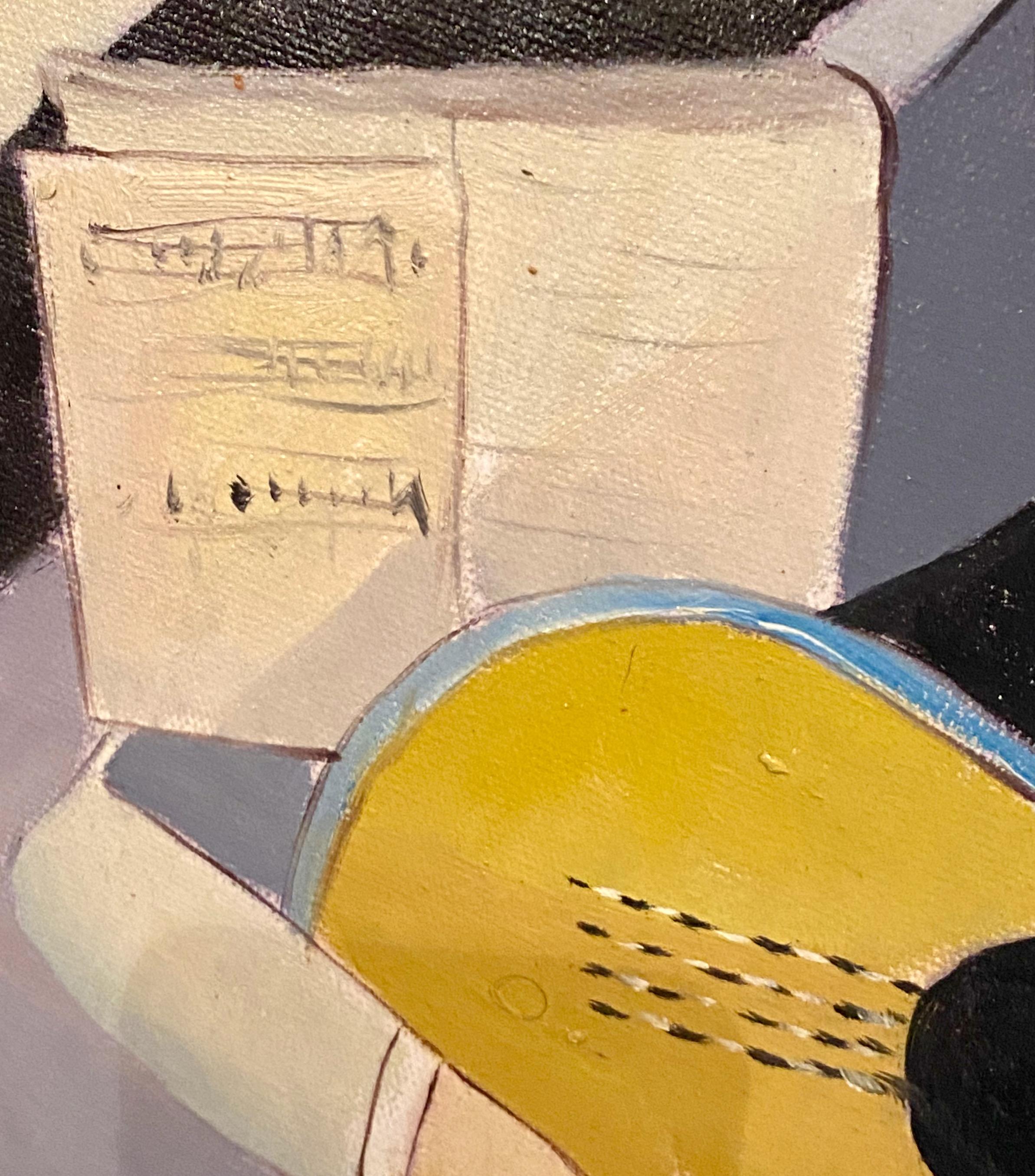 Bela De Kristo Art Deco Kubist Öl auf Leinwand Mann spielt Gitarre (Ungarisch) im Angebot