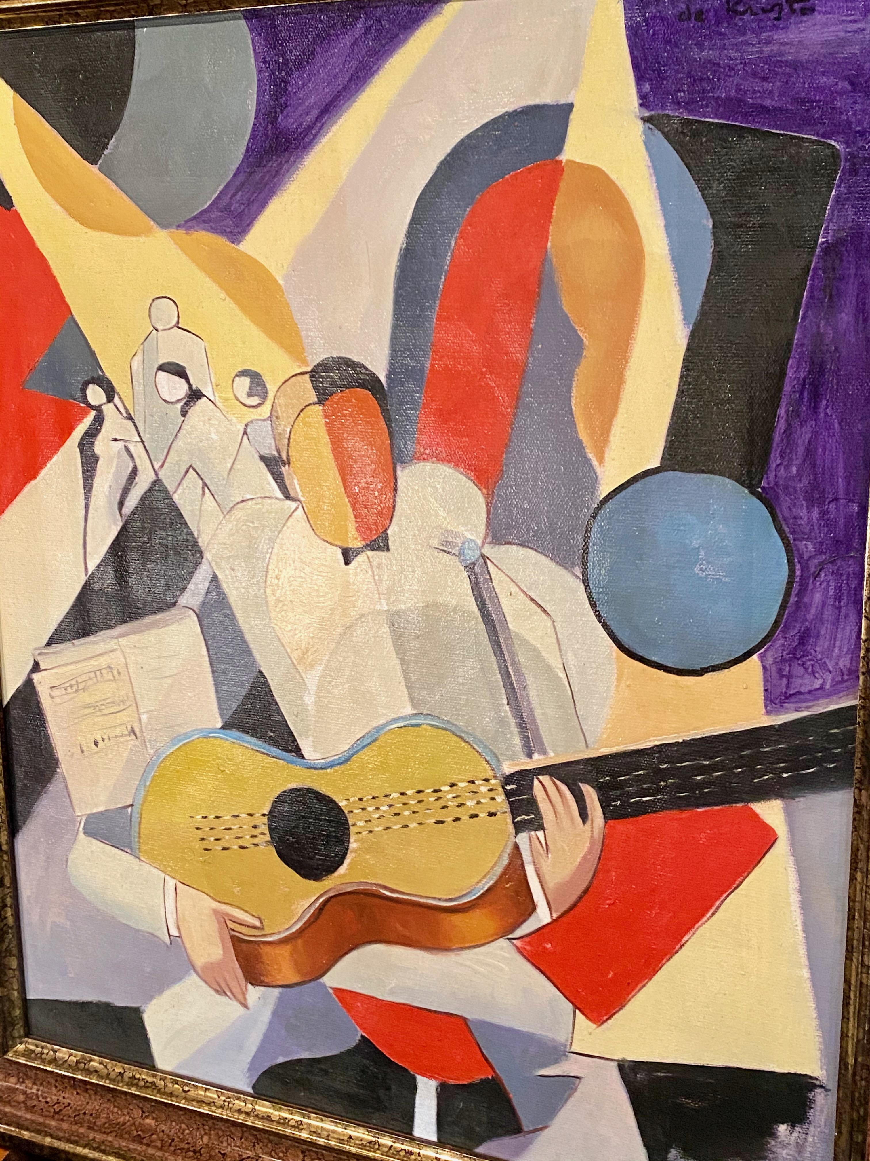 Hungarian Bela De Kristo Art Deco Cubist Oil on Canvas Man Playing Guitar For Sale
