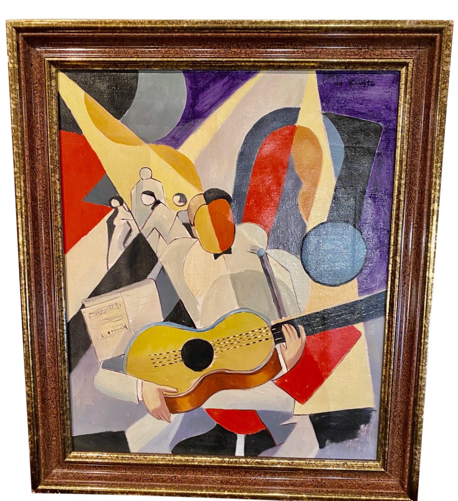 Mid-20th Century Bela De Kristo Art Deco Cubist Oil on Canvas Man Playing Guitar For Sale